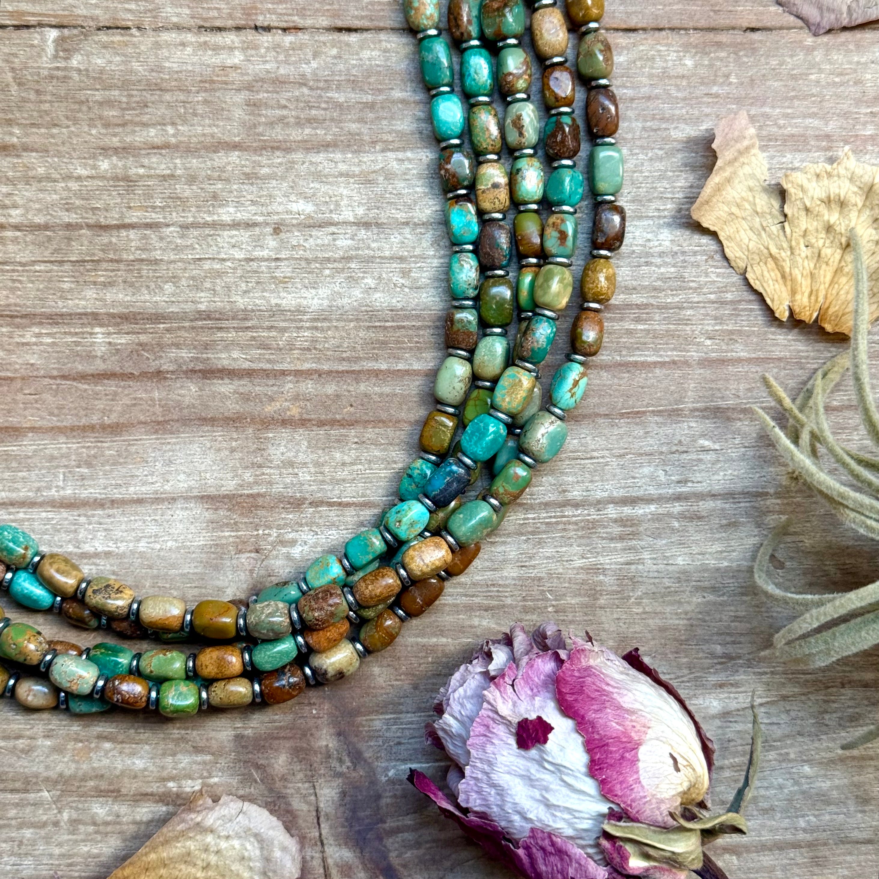 18” Turquoise Tube Necklace – Sterling Silver & Hematite