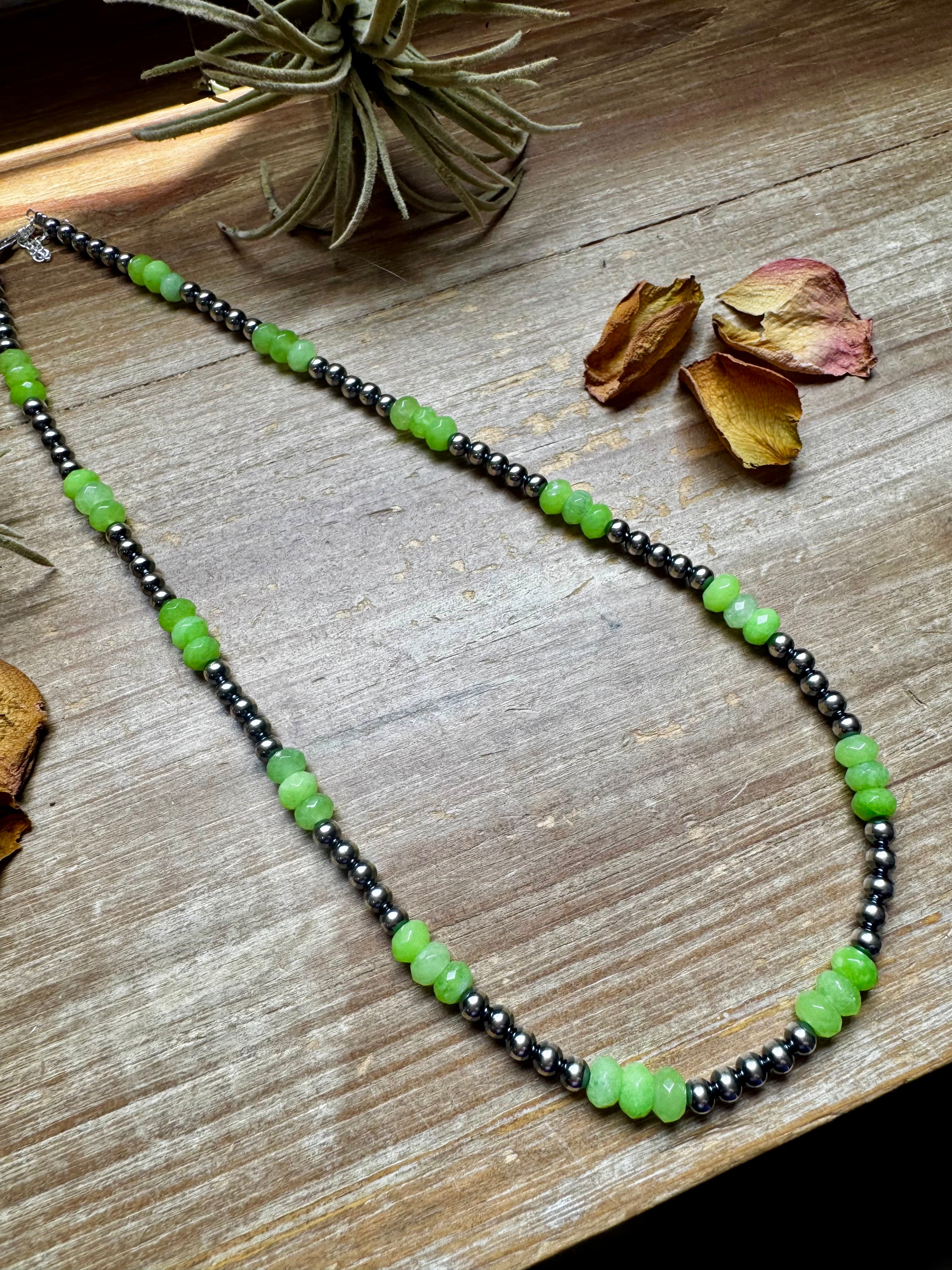 Jade Dye Green & Sterling Silver Pearl Necklace – 21 ¾” Plus Extender