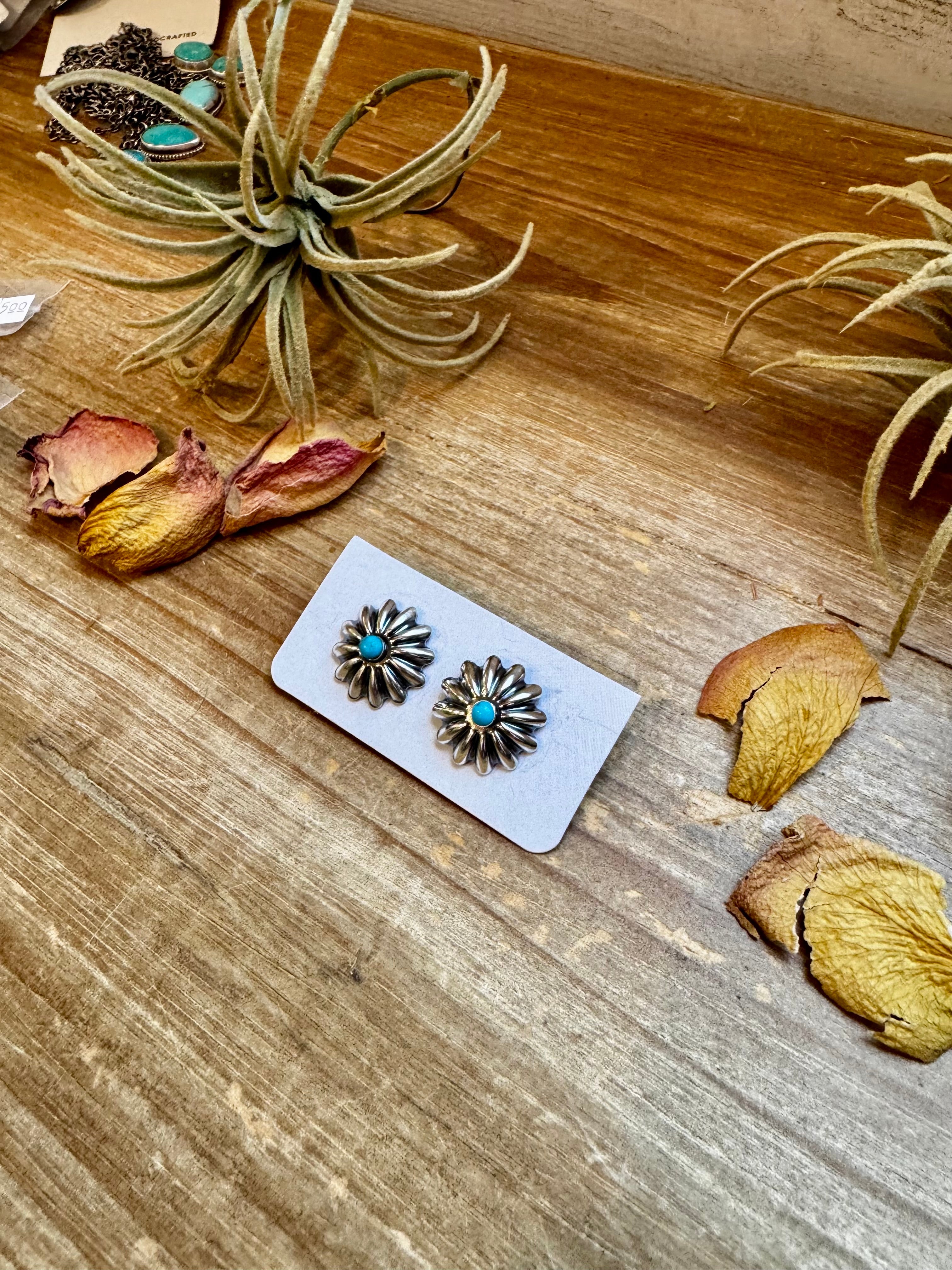 Small Sterling Silver Concho Earrings with Kingman Turquoise – Made in the USA