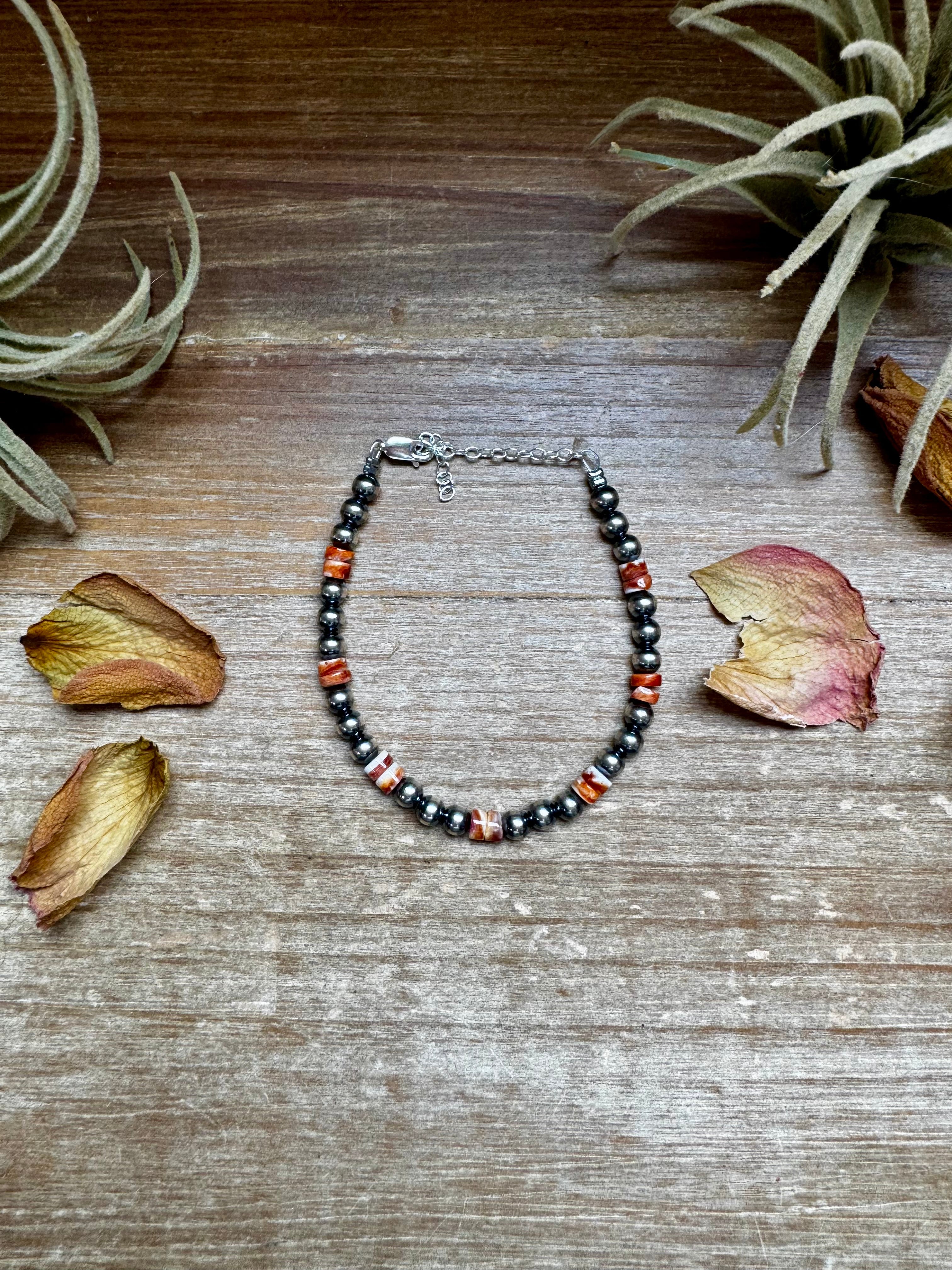 Sterling Silver Pearl Bracelet with Red-Orange Spiny Oyster Heishi