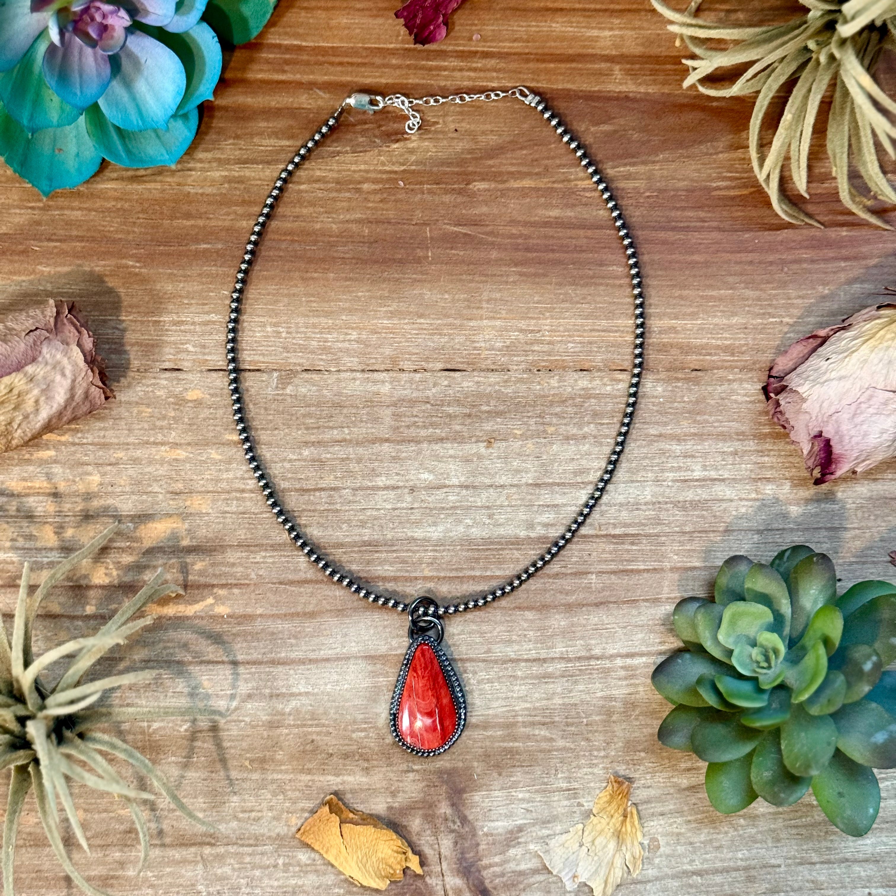 FREE Sterling Silver Pearl Necklace + MJ Red Spiny Oyster Teardrop Charm