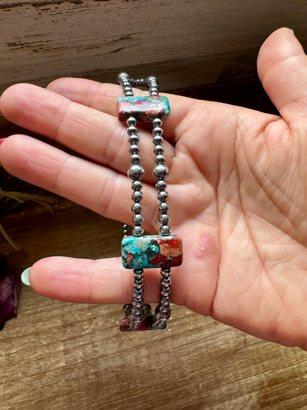Pink/turquoise Double Strand Necklace – 13” Beaded – Sterling Silver Pearls & Rectangle Variscite
