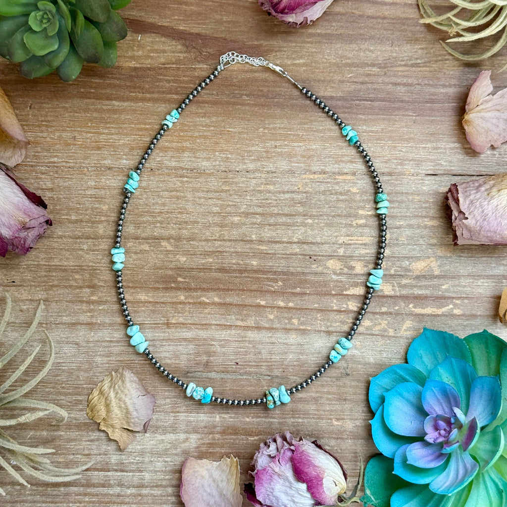 16.5” Sky Blue Lone Mountain Turquoise Nugget Necklace – 3mm Sterling Silver Pearls