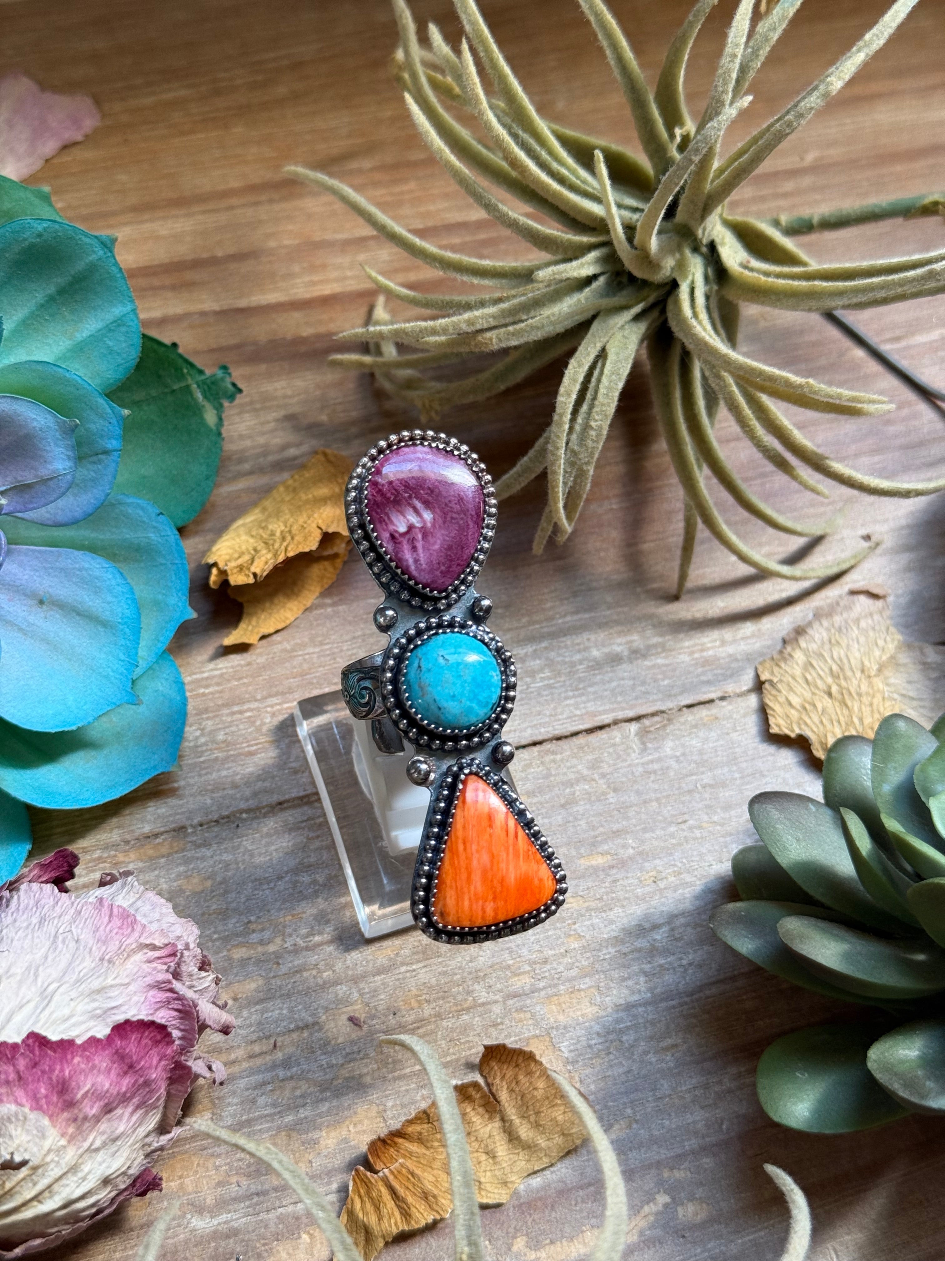 MJ Ring - Three Stone Turquoise & Spiny Oyster Ring