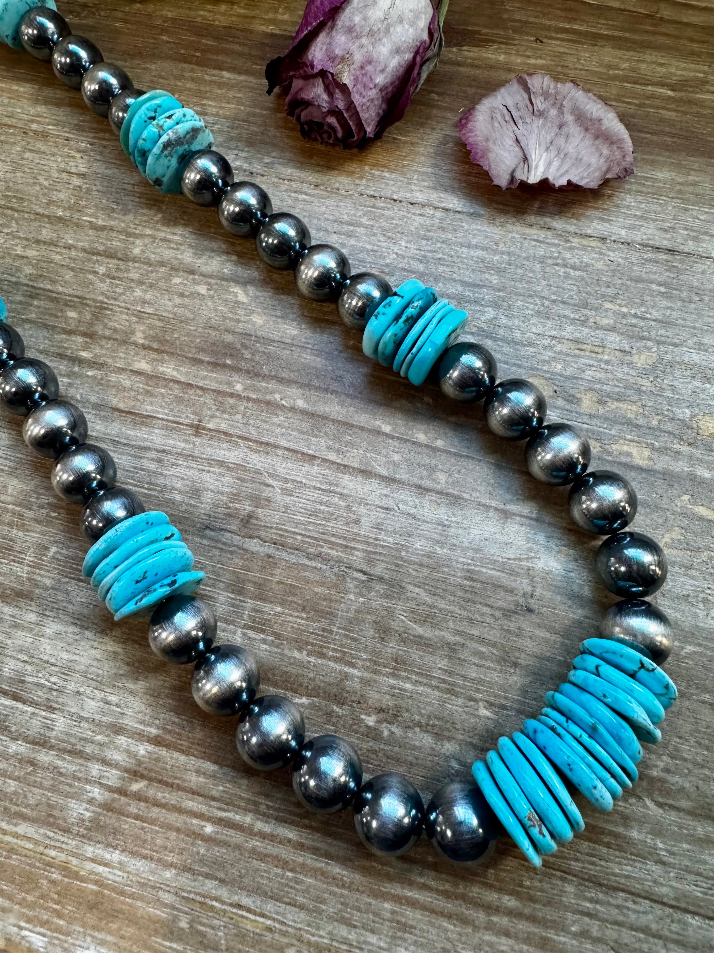 NFR Collection Necklace – 35 inch long 8mm & 14mm Sterling Silver Pearls with 20mm Turquoise Rondelle