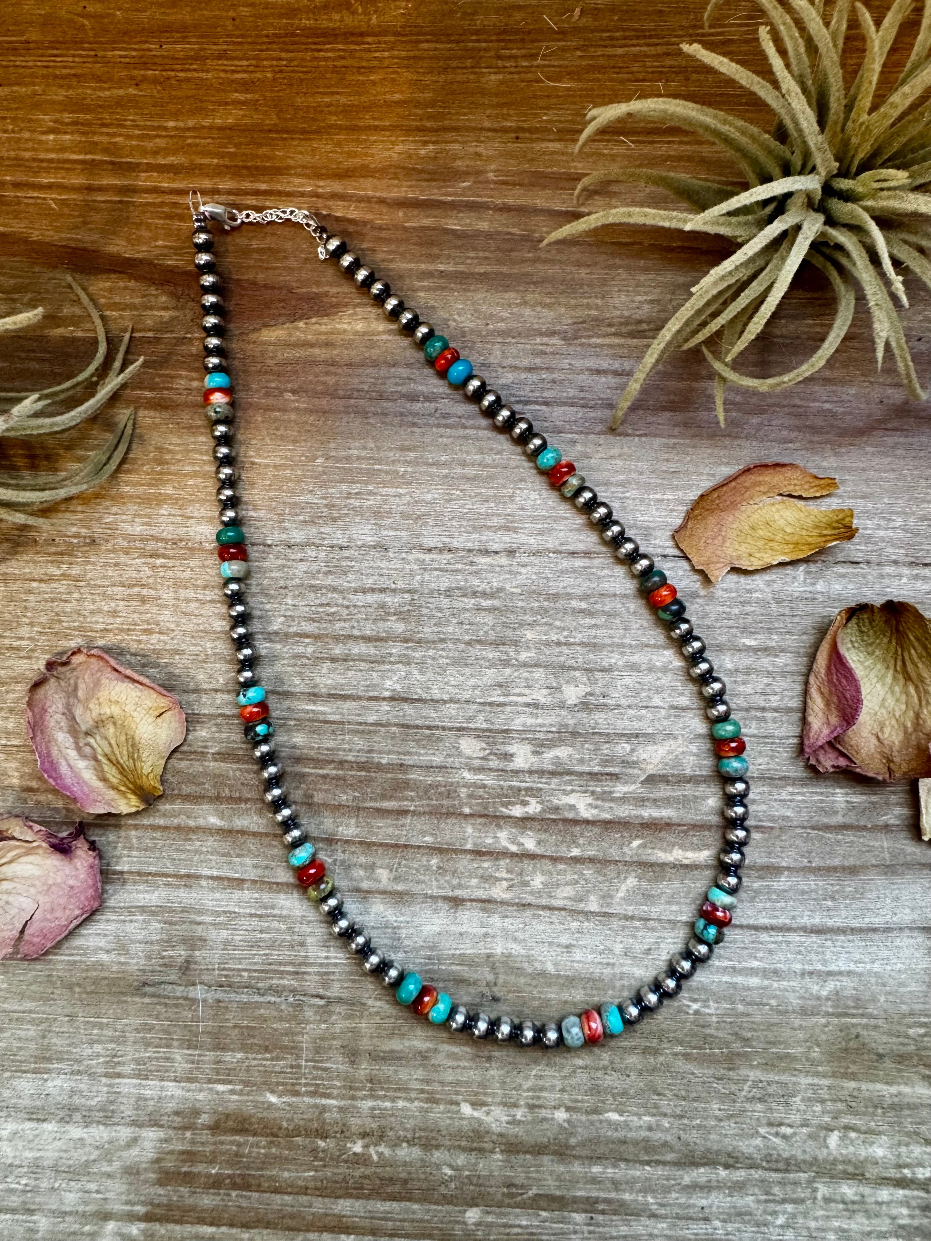 18-Inch Sterling Silver Pearl Necklace – Mixed Turquoise & Spiny Oyster (5mm)