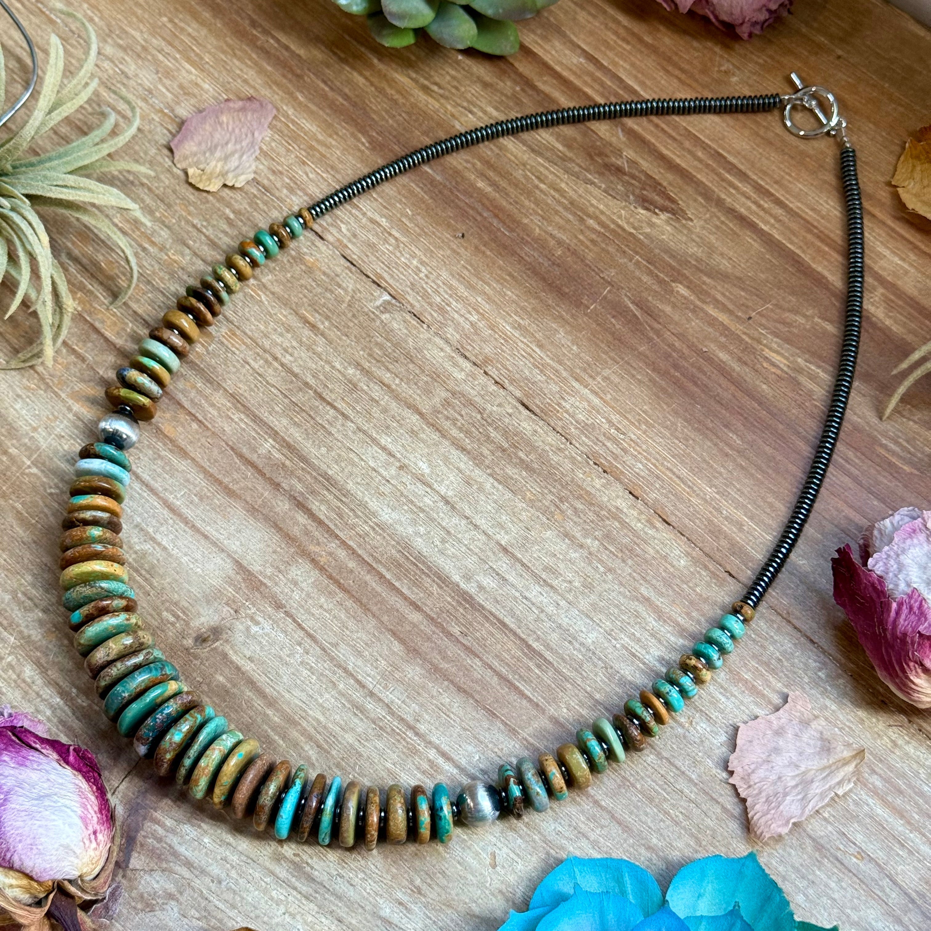 23” Dark Green Turquoise Graduated Necklace – Sterling Silver & Hematite