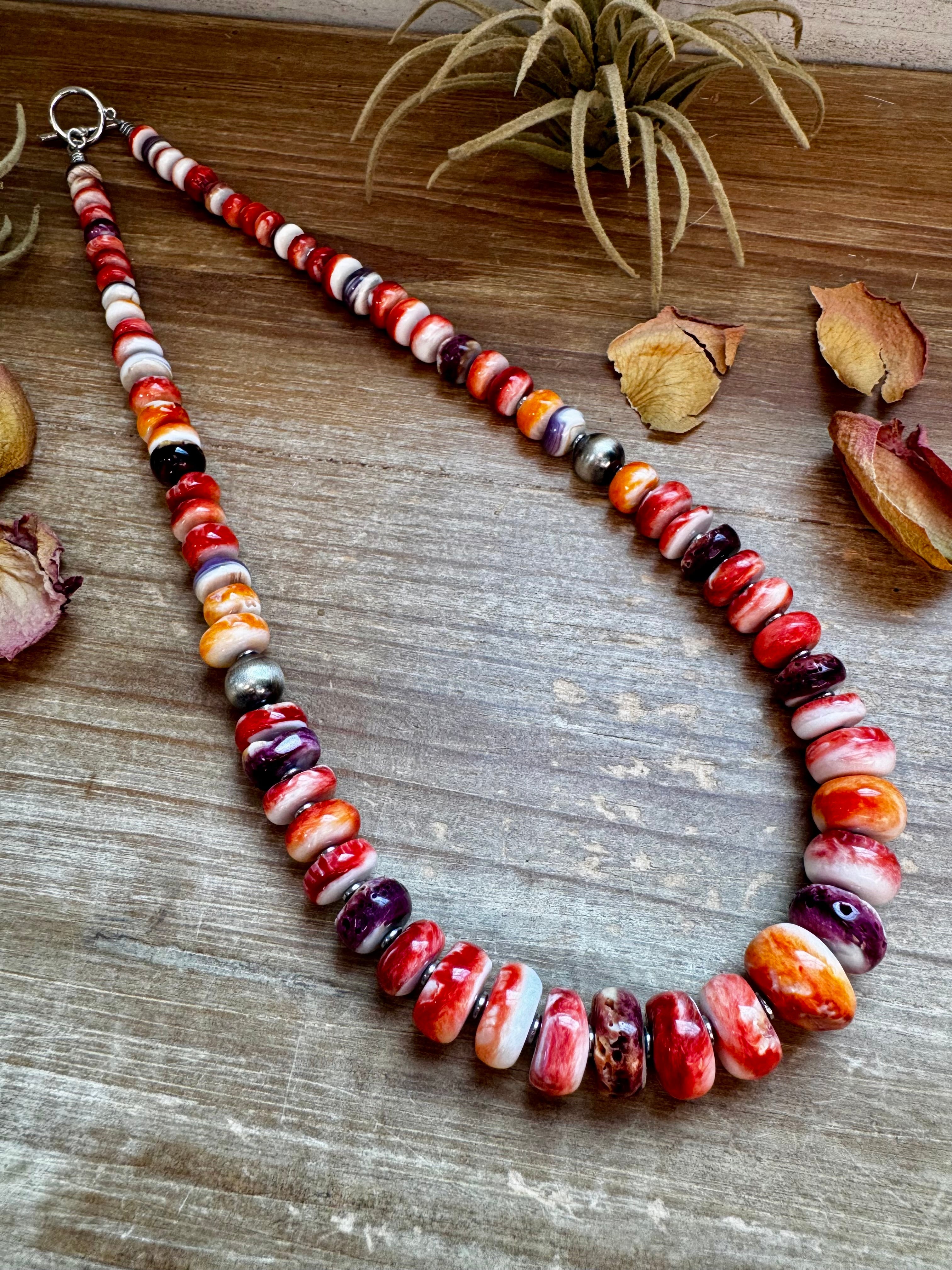 BE BOLD - 22-Inch Spiny Oyster & Wampum Statement Necklace with Sterling Silver Pearls