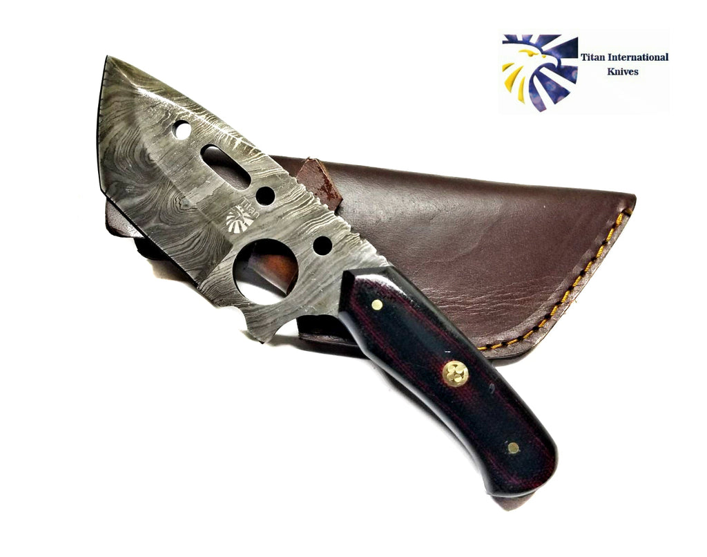 Damascus Steel Clever Style Tanto Blade by Titan Td-175/ Tactical / Micarta (Dark Red Blend) Handle