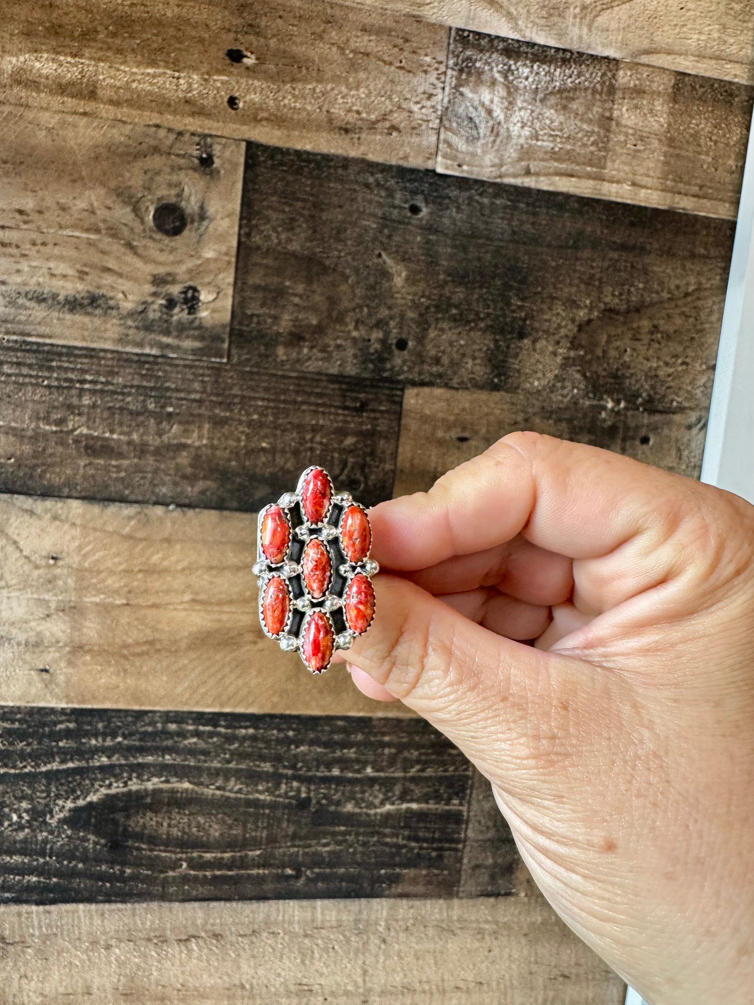 Cluster - size 8 - red spiny and sterling silver