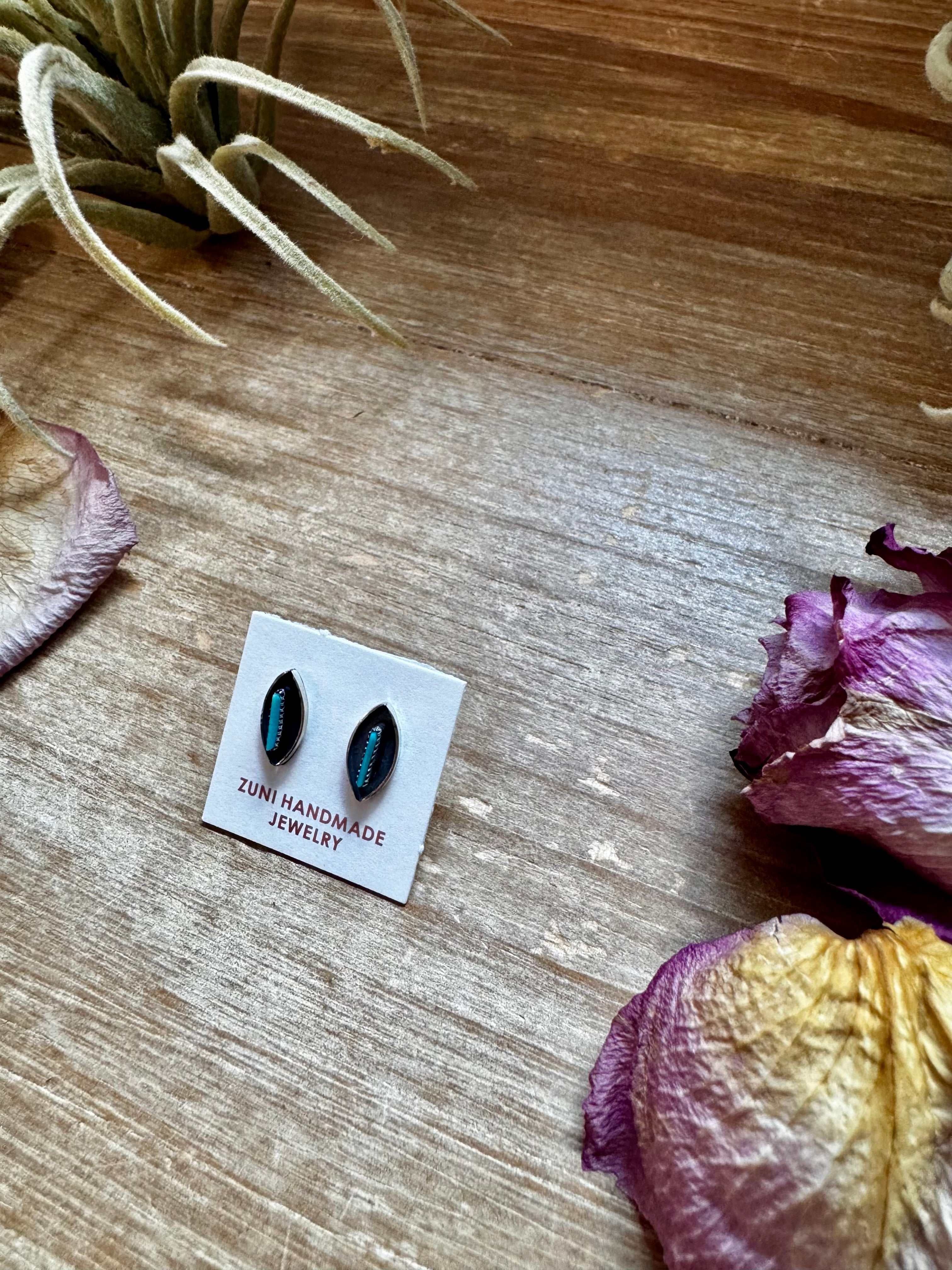Mini Inlay Earrings – Kingman Turquoise – Sterling Silver – Zuni Made