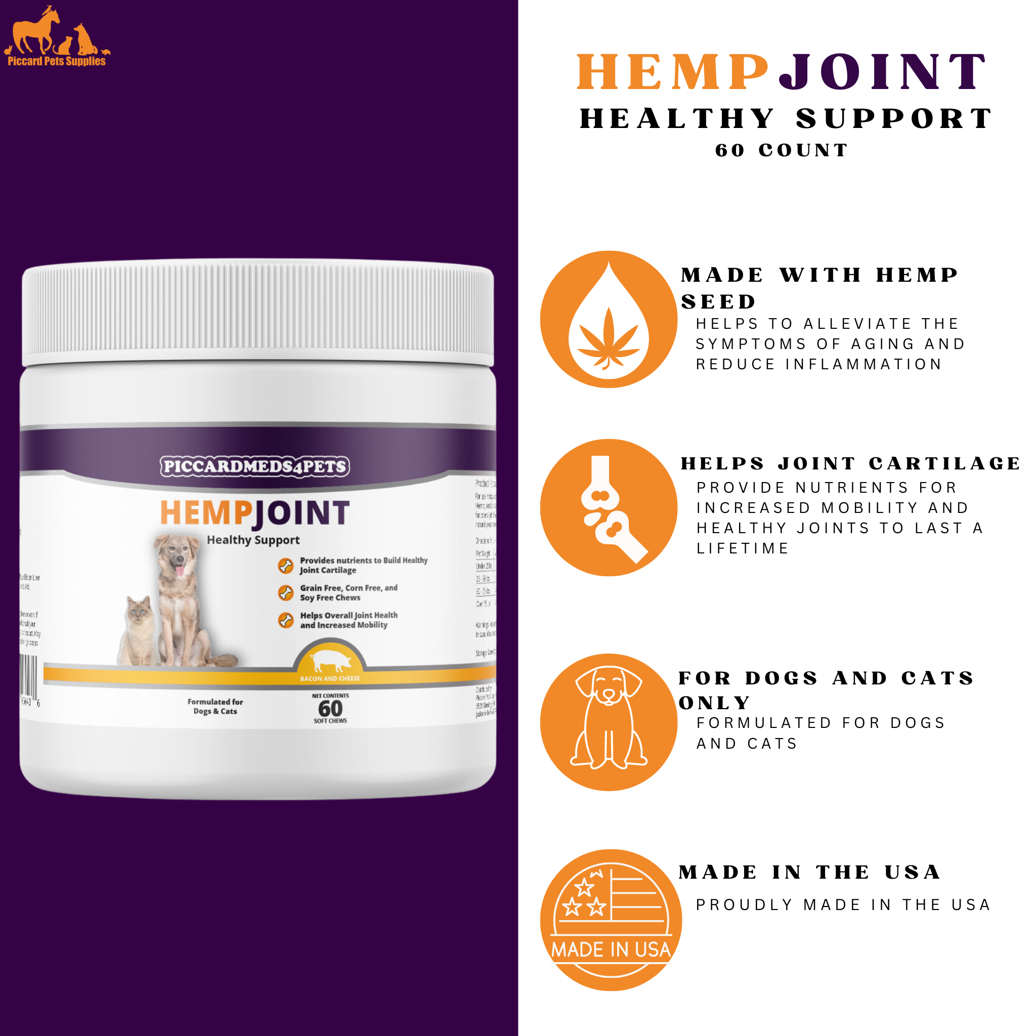 Piccardmeds4pets Hemp + MSM Joint Support Chews for Dogs and Cats 60CT
