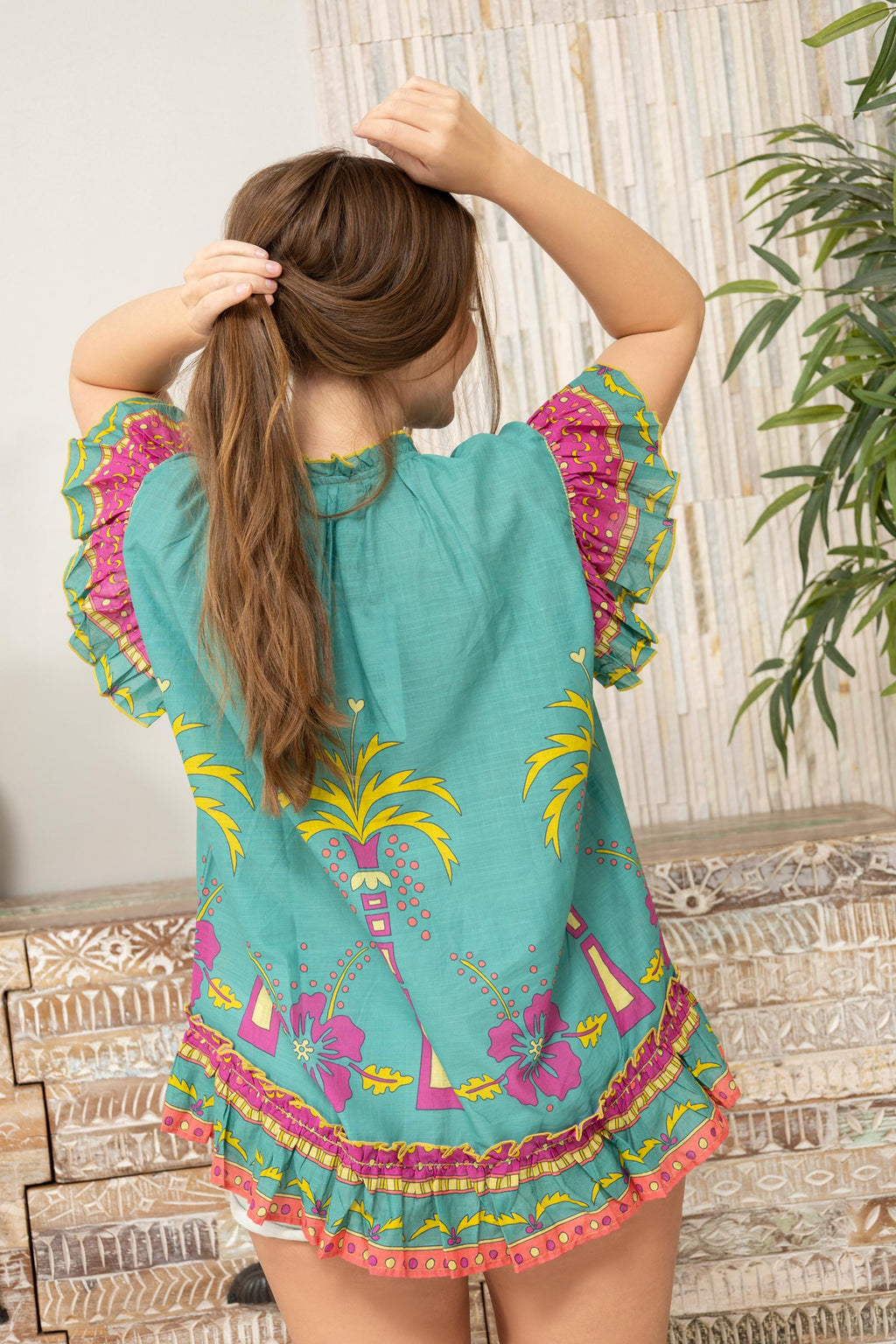 Coconut Island Ruffled Top  In Turquoise