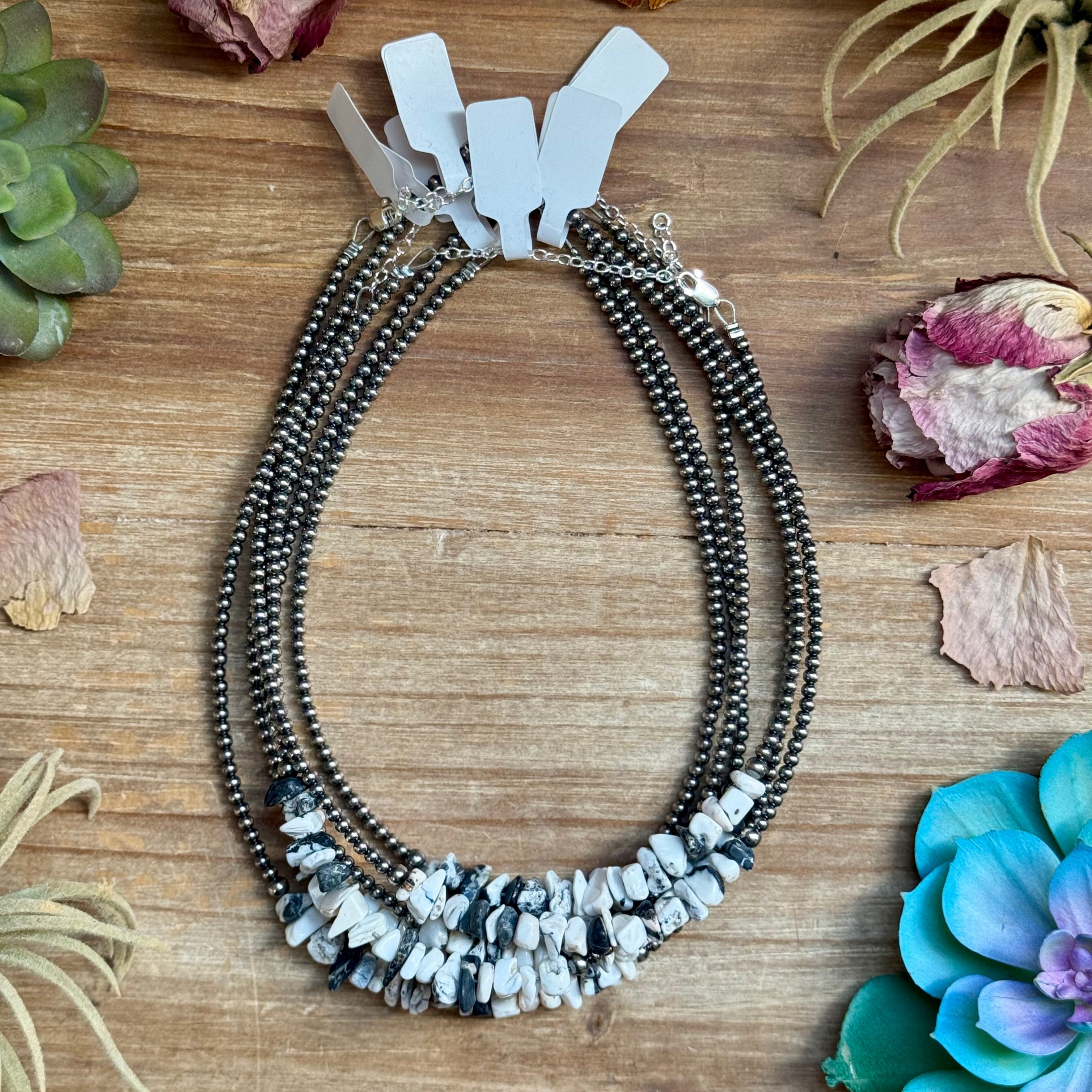 14” White Buffalo Choker – Sterling Silver Pearls