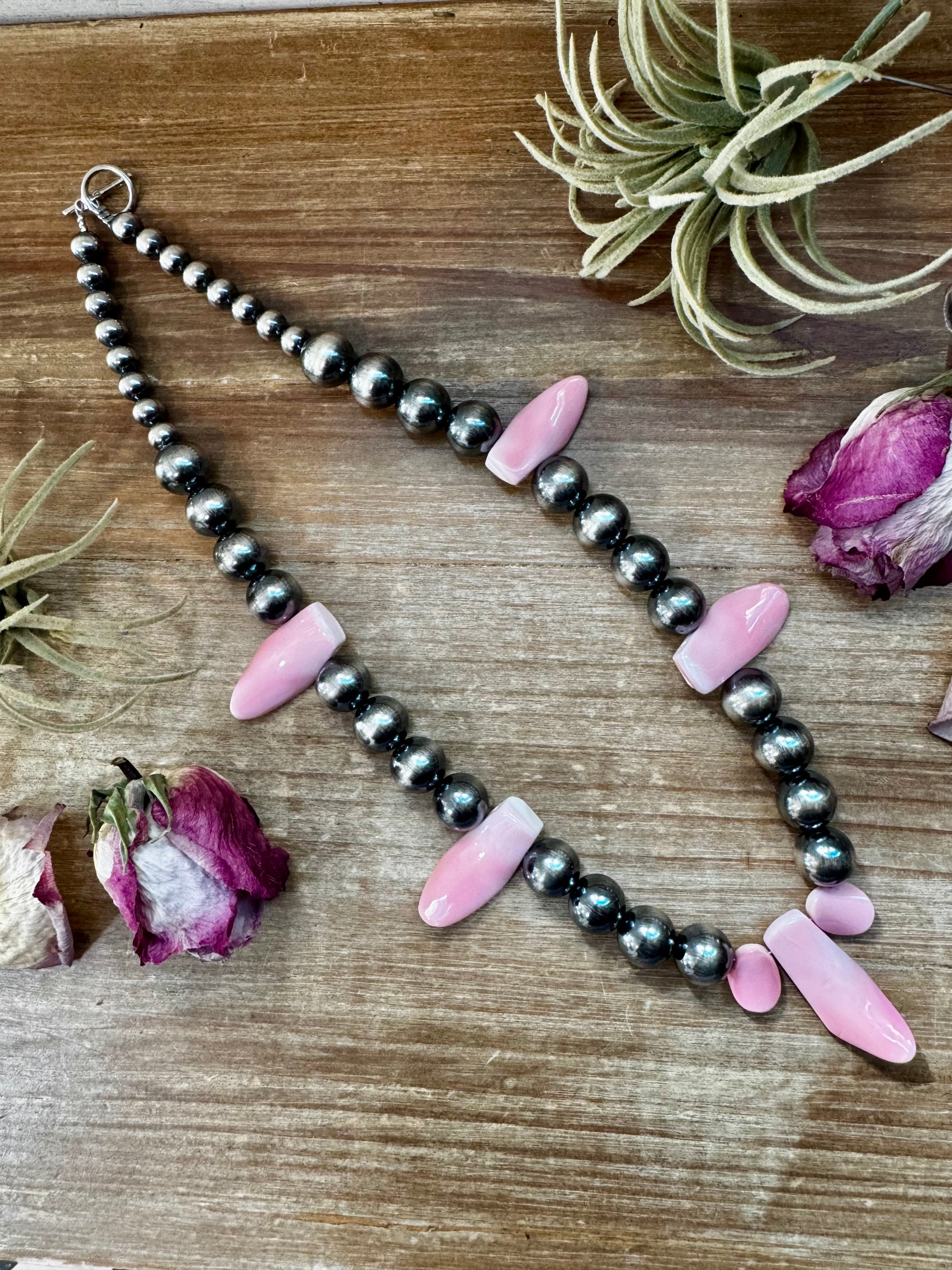 NFR Collection Necklace – 8mm & 14mm Sterling Silver Pearls with Pink Conch Shell – 23"