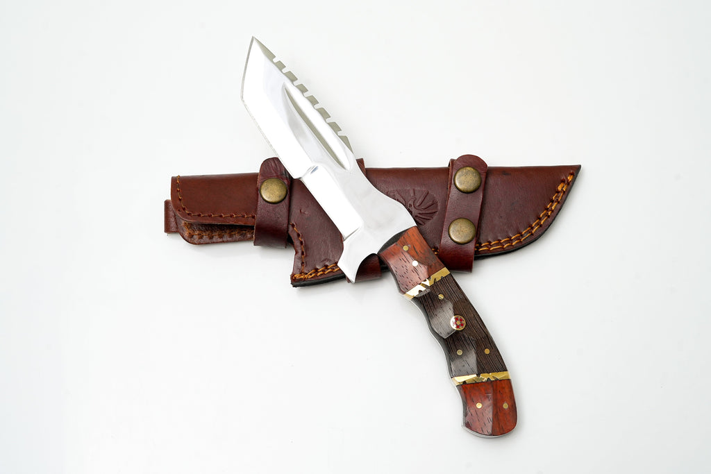 D2 Steel Survival Knife | Sawback Blade & Scout Carry Sheath | Custom Grooved Wood Handle TK-464