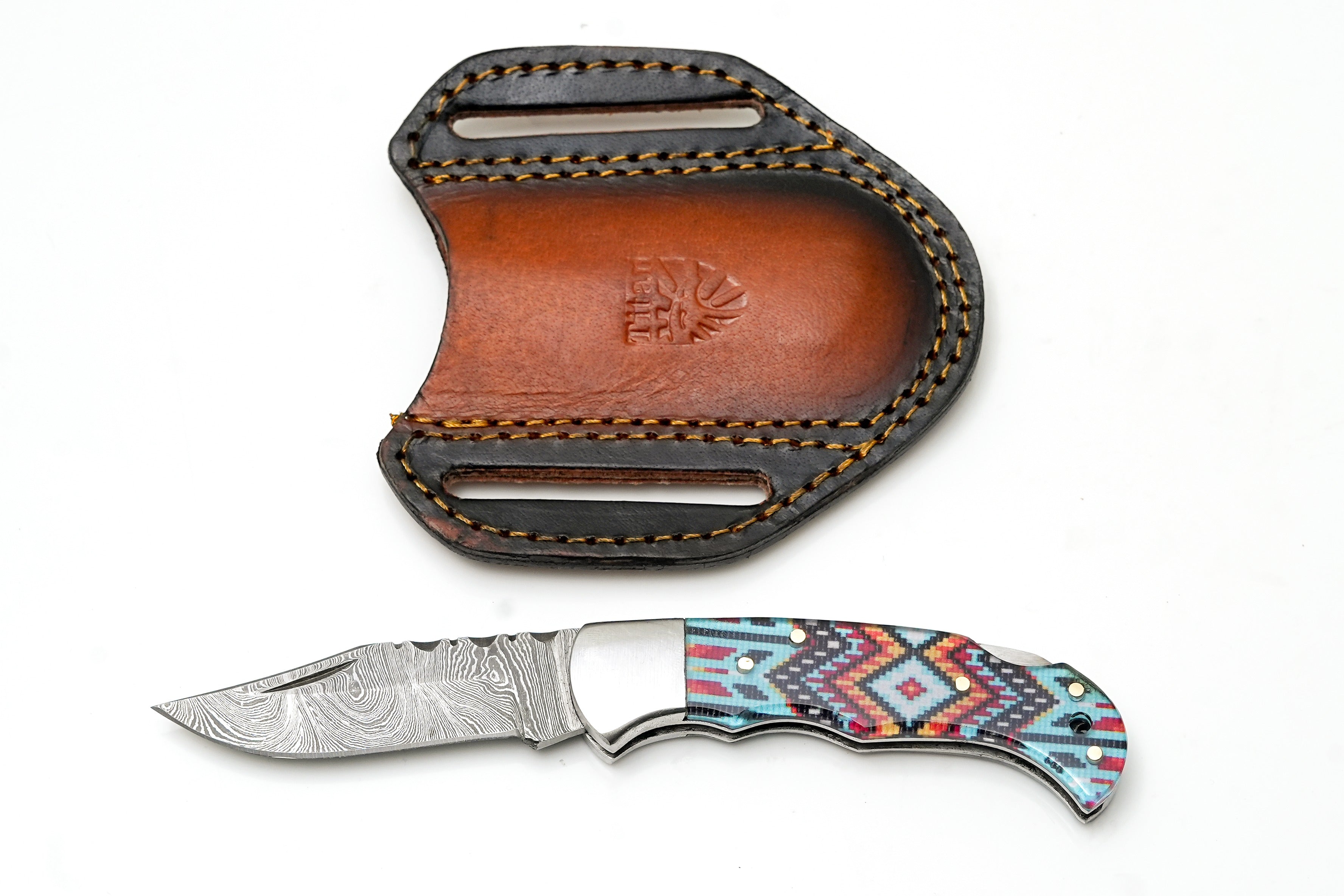 Damascus Steel Clip Point Folding Knife | Southwestern Tribal Resin Handle | Polished Bolsters TK-486