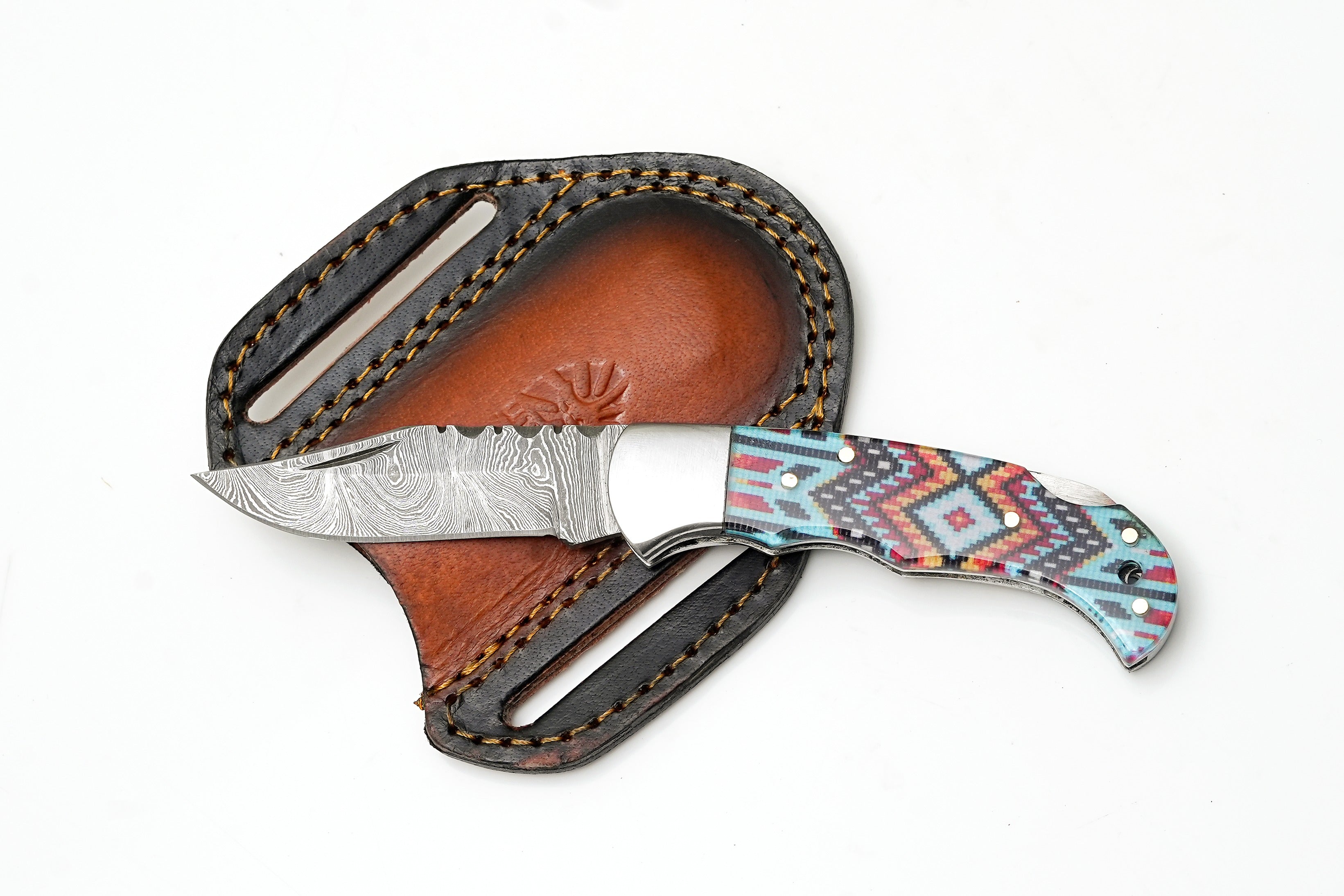 Damascus Steel Clip Point Folding Knife | Southwestern Tribal Resin Handle | Polished Bolsters TK-486