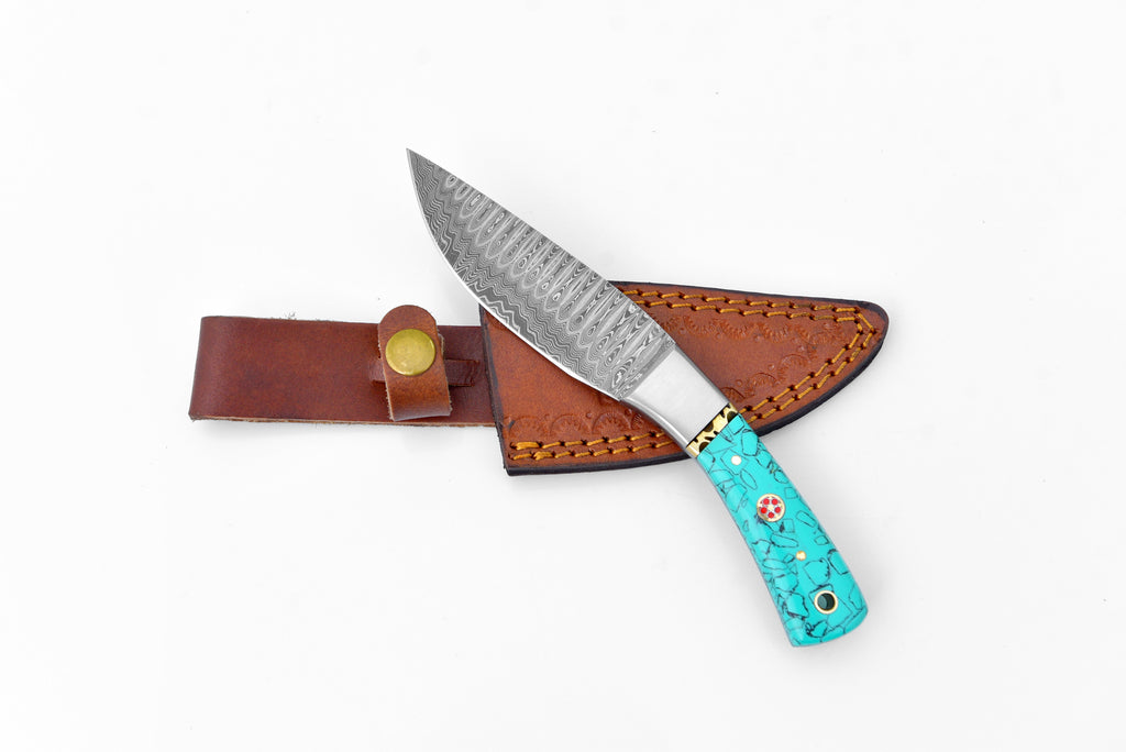 Damascus Steel Drop Point Outdoor Chopping Tool | Azure Turquoise Resin Handle TK-118
