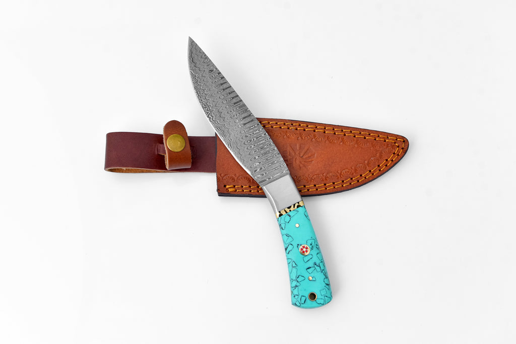 Damascus Steel Drop Point Outdoor Chopping Tool | Azure Turquoise Resin Handle TK-118