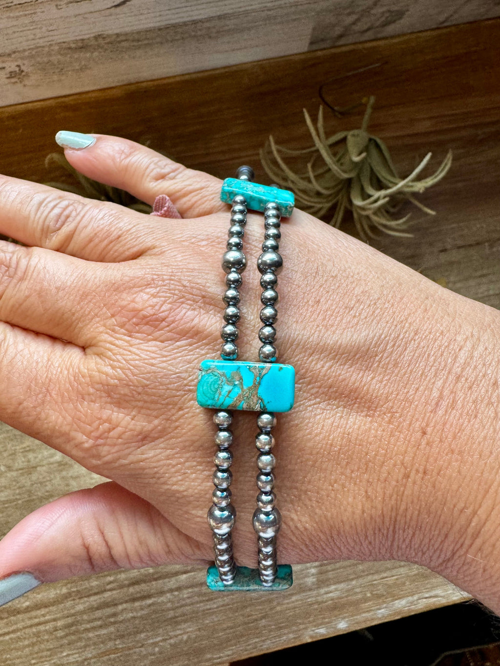 TURQUOISE Double Strand Necklace – 13” Beaded – Sterling Silver Pearls & Rectangle Variscite