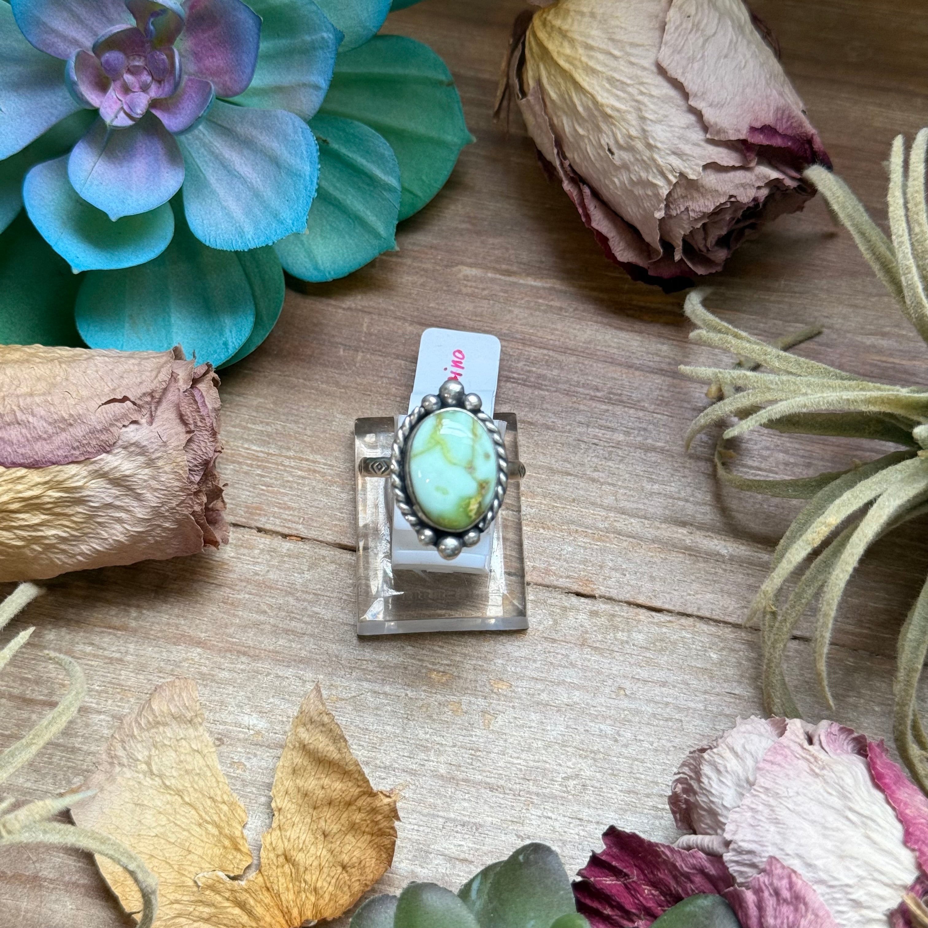 129 - Sterling Silver Palomino Variscite Medicine Man Eye Stamped Stacking Ring by Jason Ogg