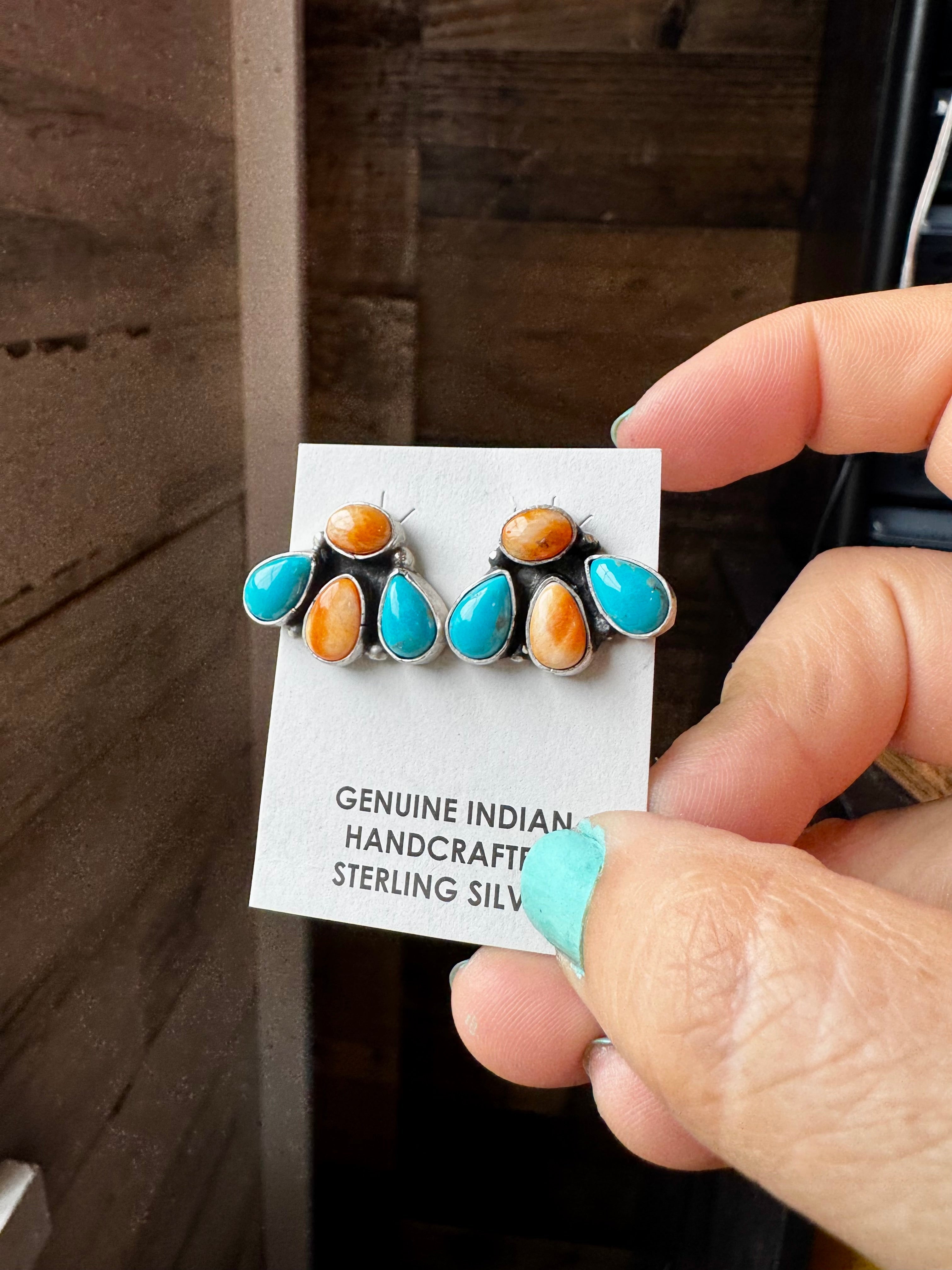 Stud Earrings – Orange Spiny & Turquoise (Stamped Marcella James)
