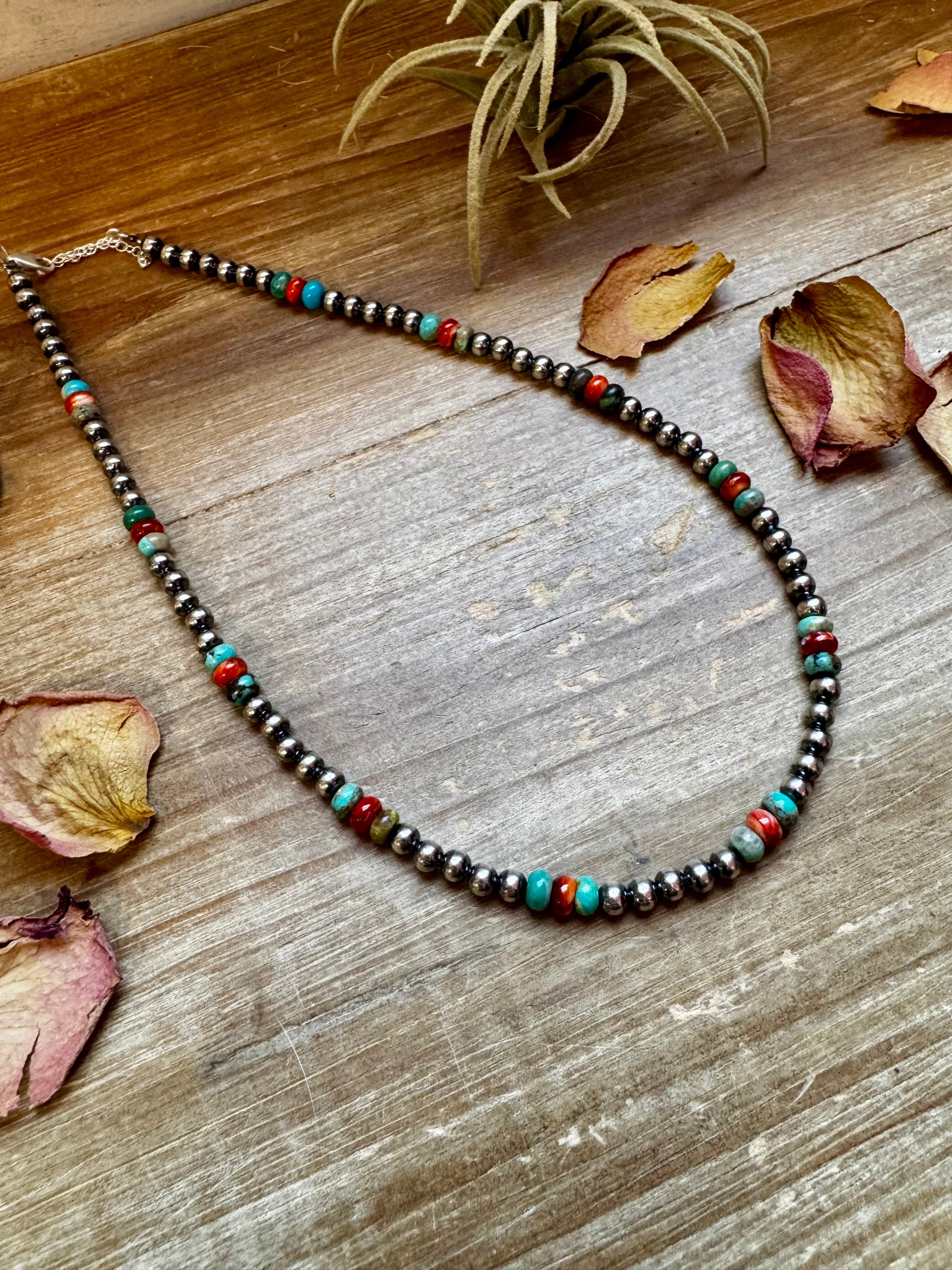 18-Inch Sterling Silver Pearl Necklace – Mixed Turquoise & Spiny Oyster (5mm)