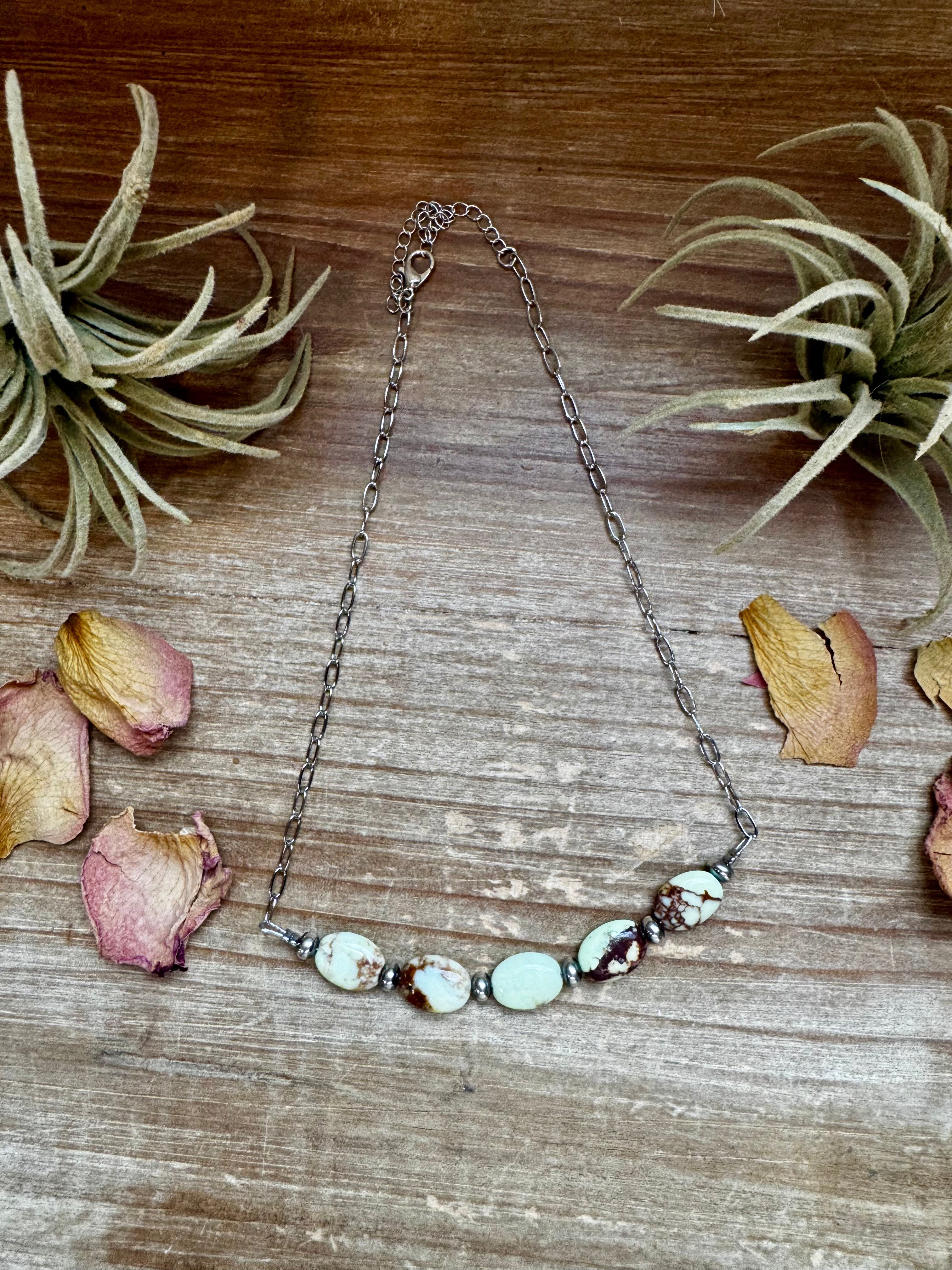 15-Inch Lemon Turquoise & Sterling Saucer Pearl Necklace on Paperclip Chain