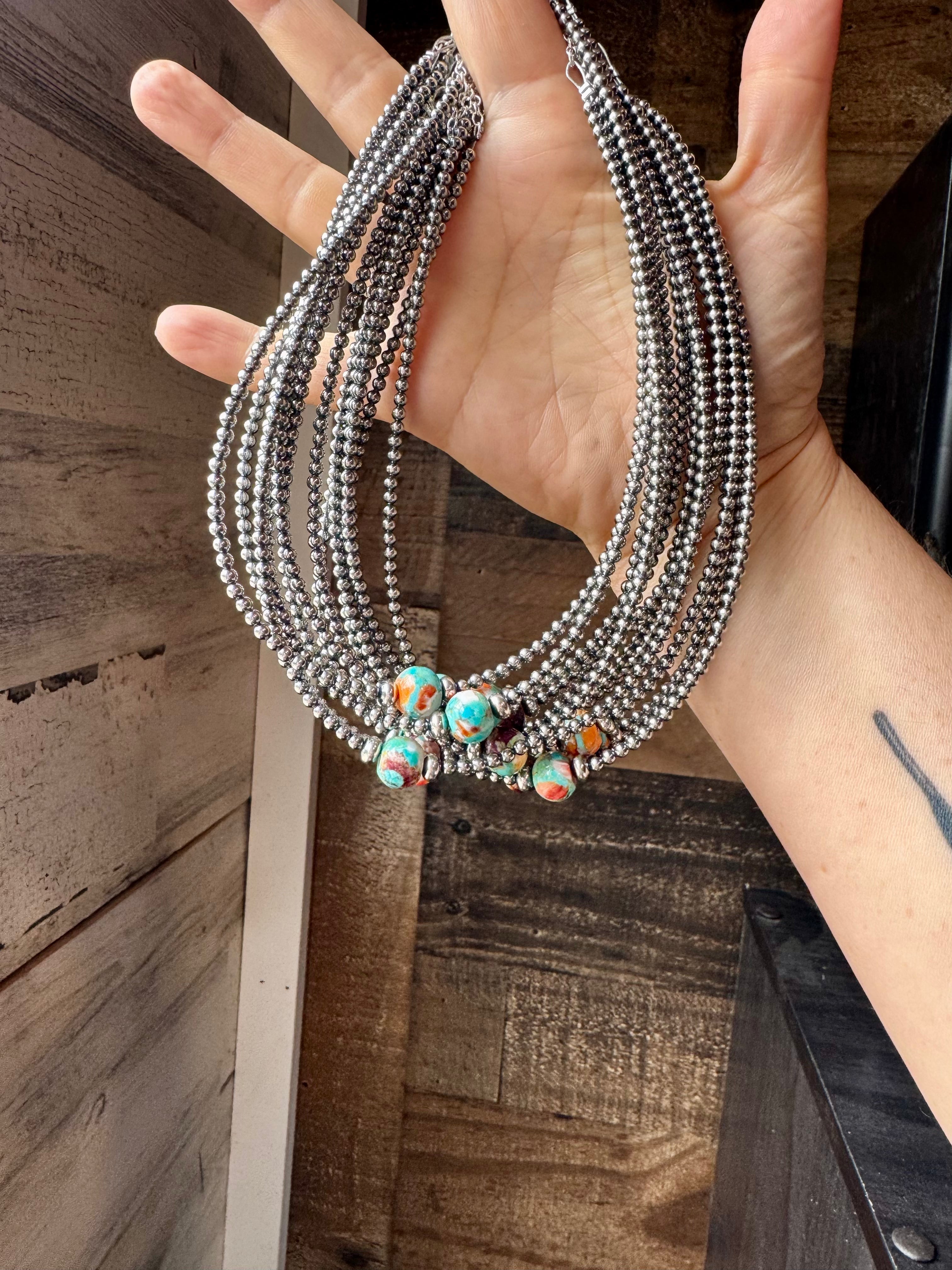 14-Inch Sterling Silver Pearl & Mojave Bead Choker