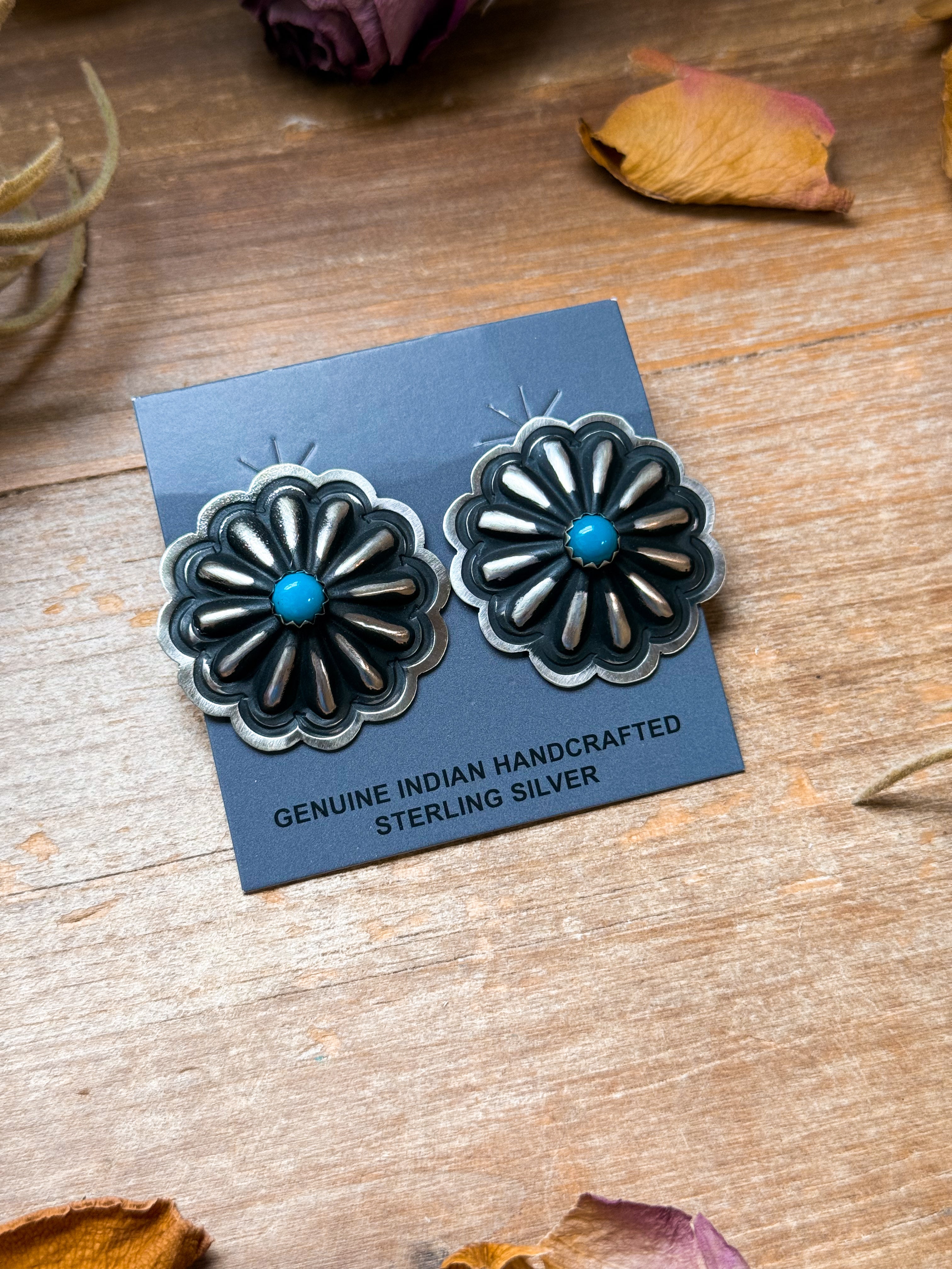 Sterling Silver Concho Earrings with Kingman Turquoise
