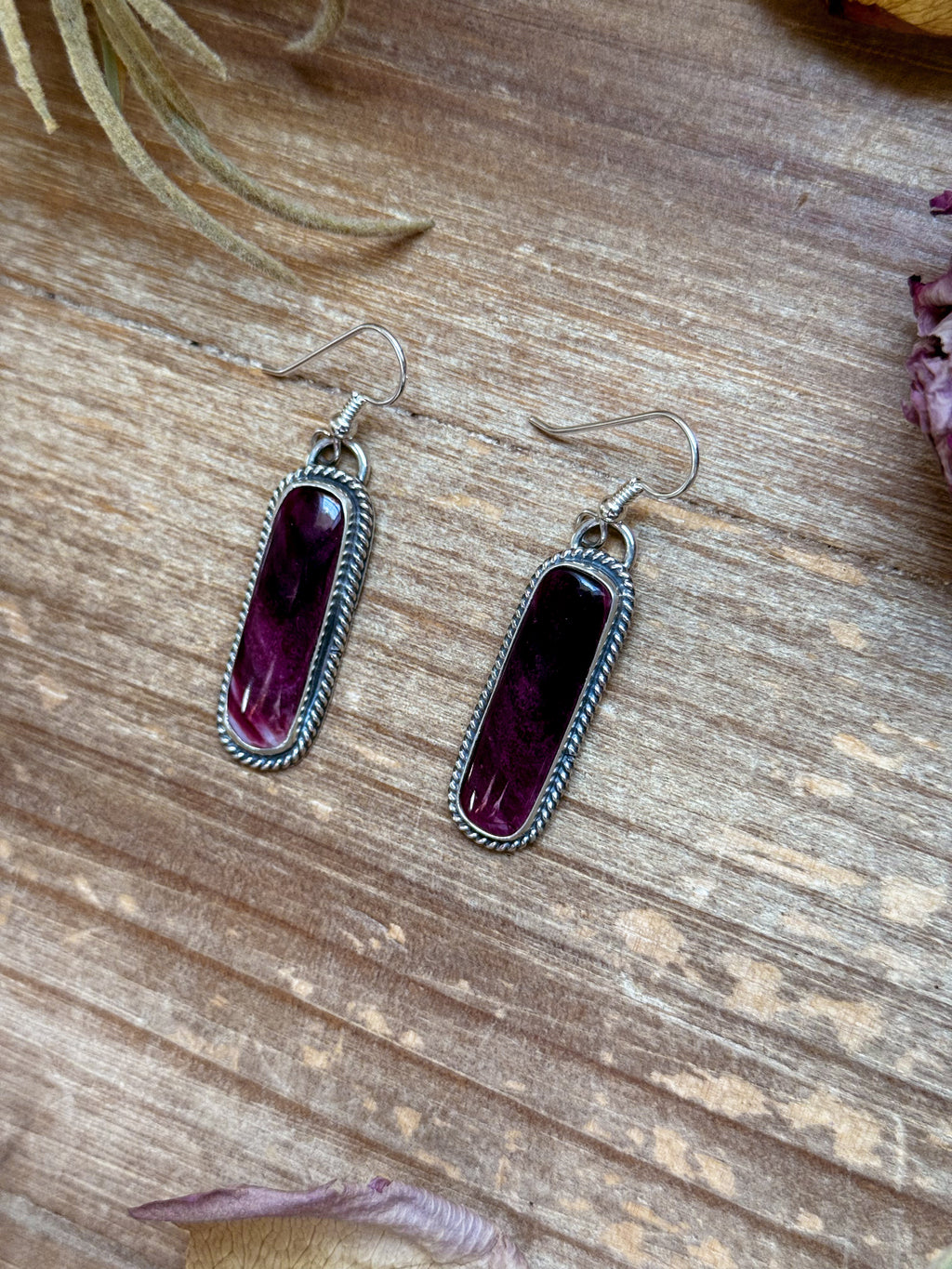 Sterling Silver Purple Spiny Oyster Dangle Earrings – Handmade by Artist Jason Ogg