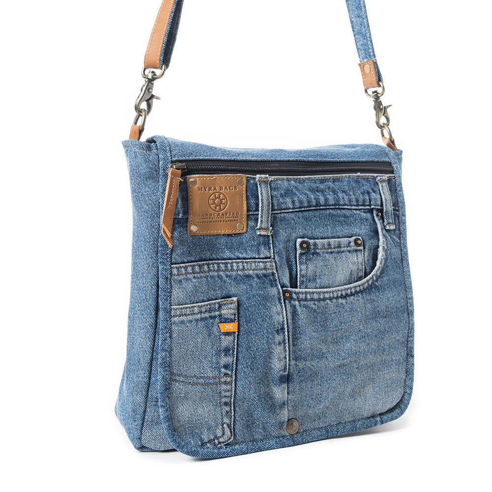 Myra Ashley Adventure Crossbody Bag â€“ Upcycled Denim with Leather Accents