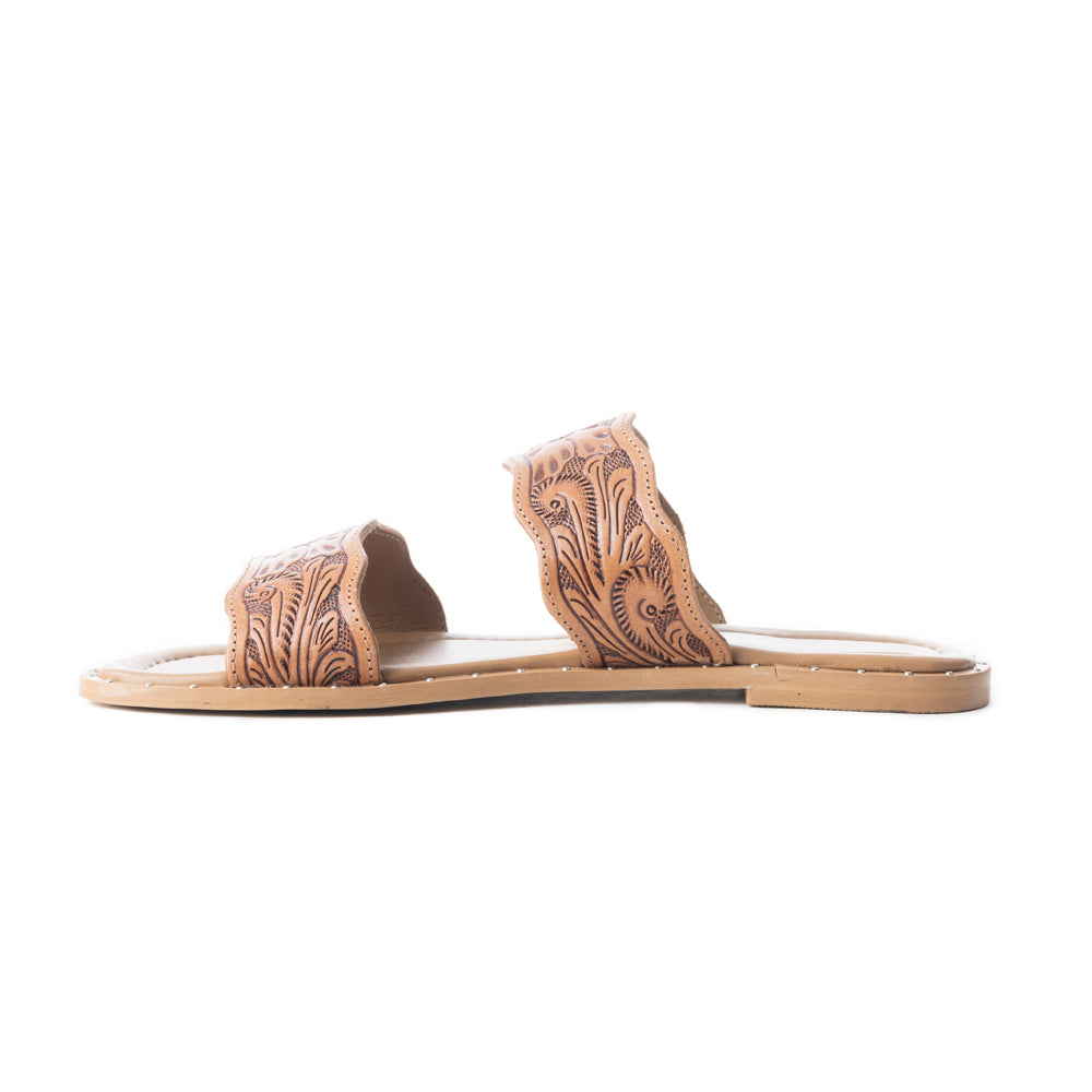Myra Santa Fe Daisy Leather Sandals for Women - Handtooled Slides with Intricate Floral Design for Summer Comfort