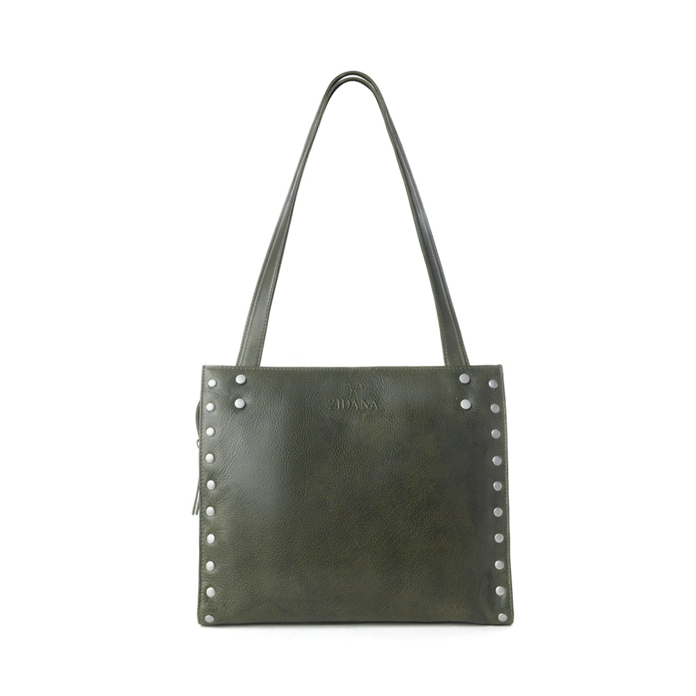 Myra Zidana Aria Amethyst Veg Tanned Leather Tote Bag in Dark Fern