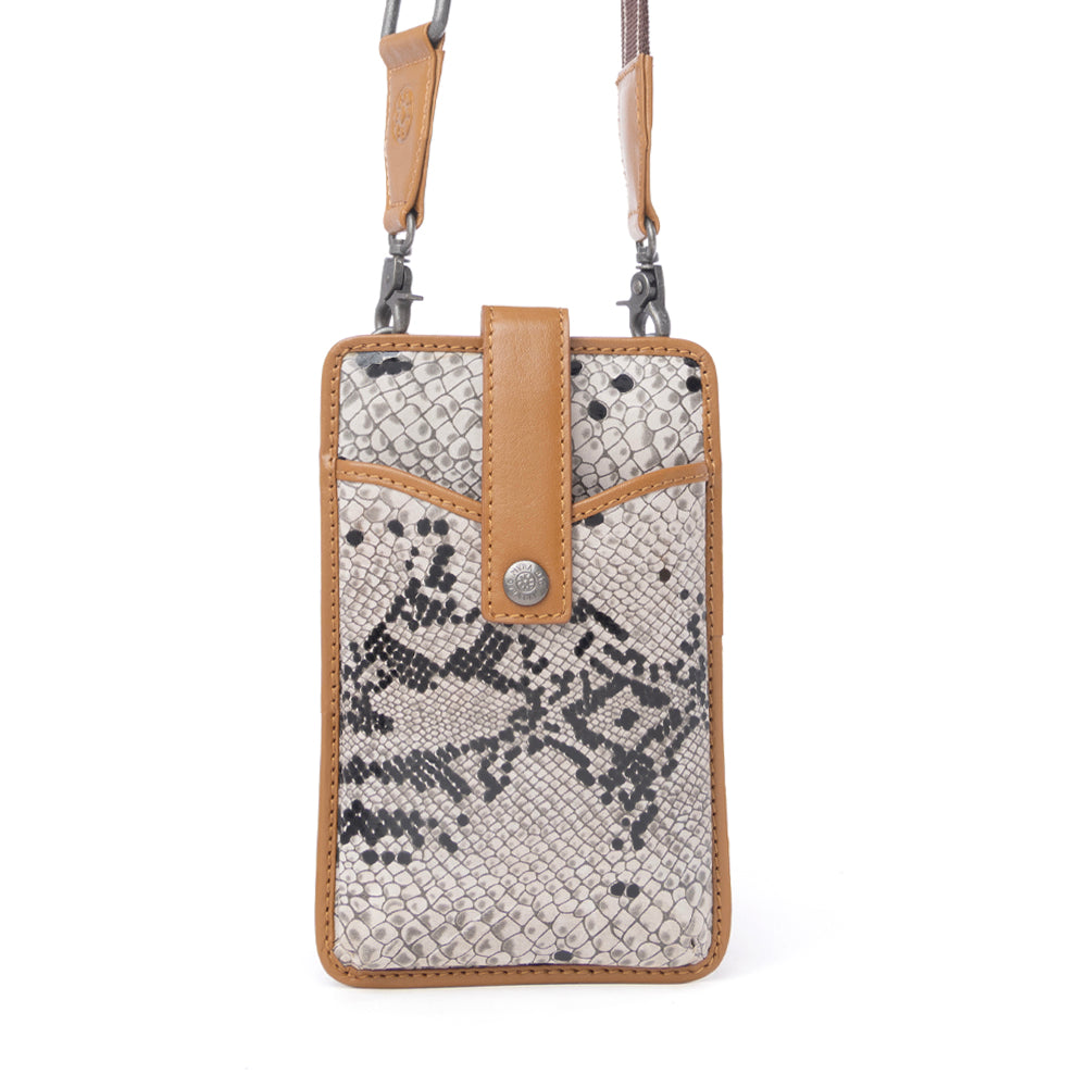 Myra Cedar Snake Print Leather Cell Phone Holder in Ebony Cream