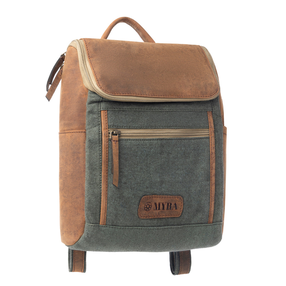 Myra Carriage Port Slimline Backpack - Aged Leather Flap, Rustic Daypack for Daily Commute & Outdoor Travel