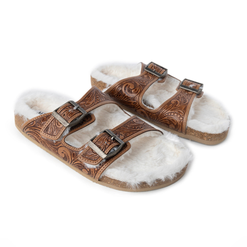 Trail Winder Hand-tooled Fur Comfort Leather Sandals