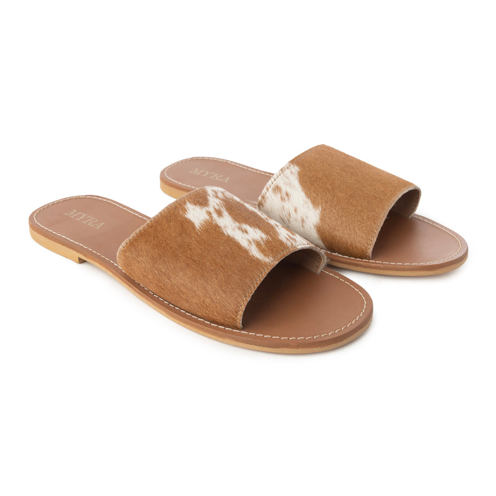 Myra Kemma Hairon Slide Sandals for Women â€“ Comfortable Flat Slides with Tan & White Speckle Print for Western Summer Outings