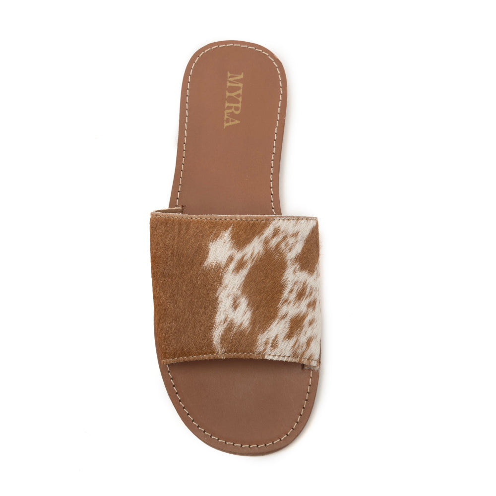 Myra Kemma Hairon Slide Sandals for Women â€“ Comfortable Flat Slides with Tan & White Speckle Print for Western Summer Outings