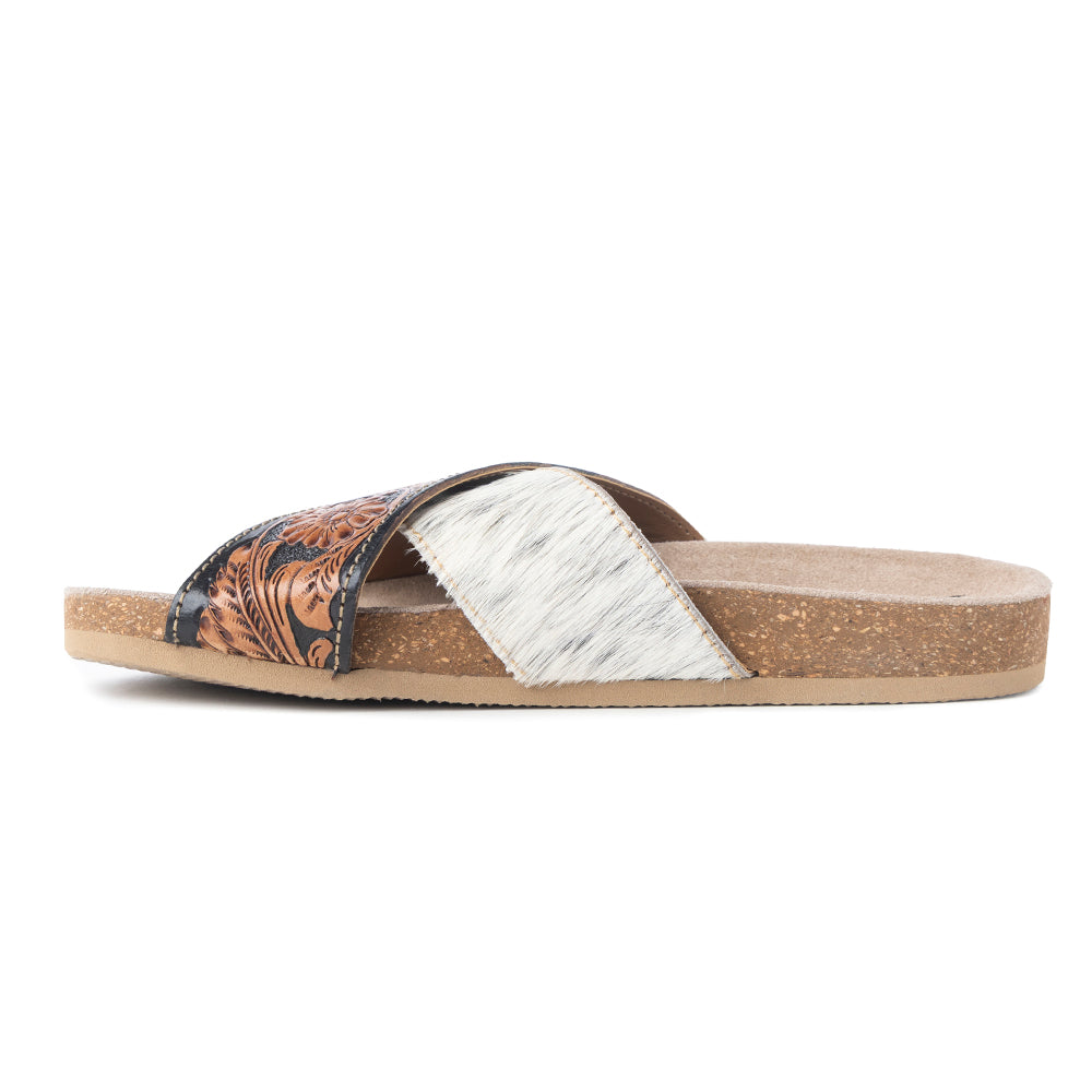 Myra Nevada Handtooled Leather Flats for Women - Double-Strap Sandals with Cushioned Cork Sole for Rodeo Chic Comfort