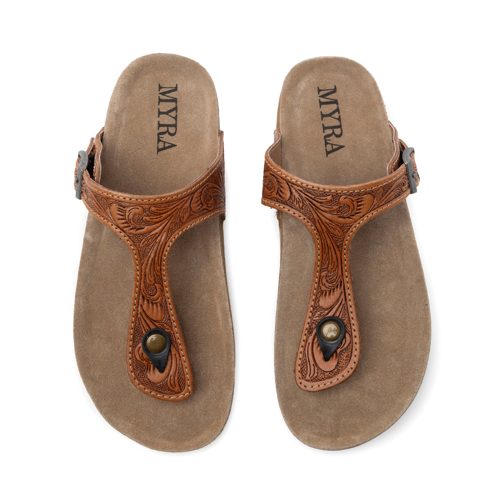 Myra Rosie Trail Handtooled Leather Sandals for Women – Cork Sole, Toe Ring Design for All-Day Comfort