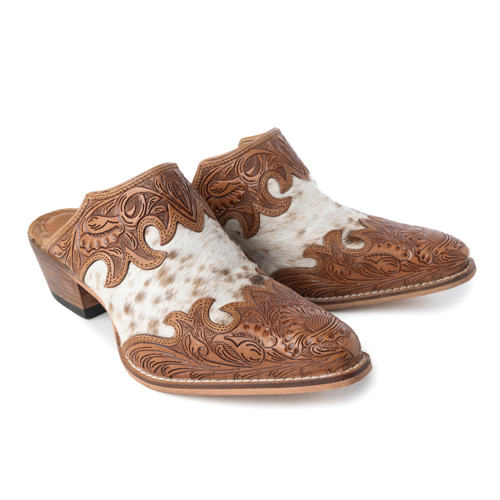 Myra Lacey Leather Mules for Women - Handtooled Leather Mid Top with Hairon Accents for Everyday Rodeo Elegance