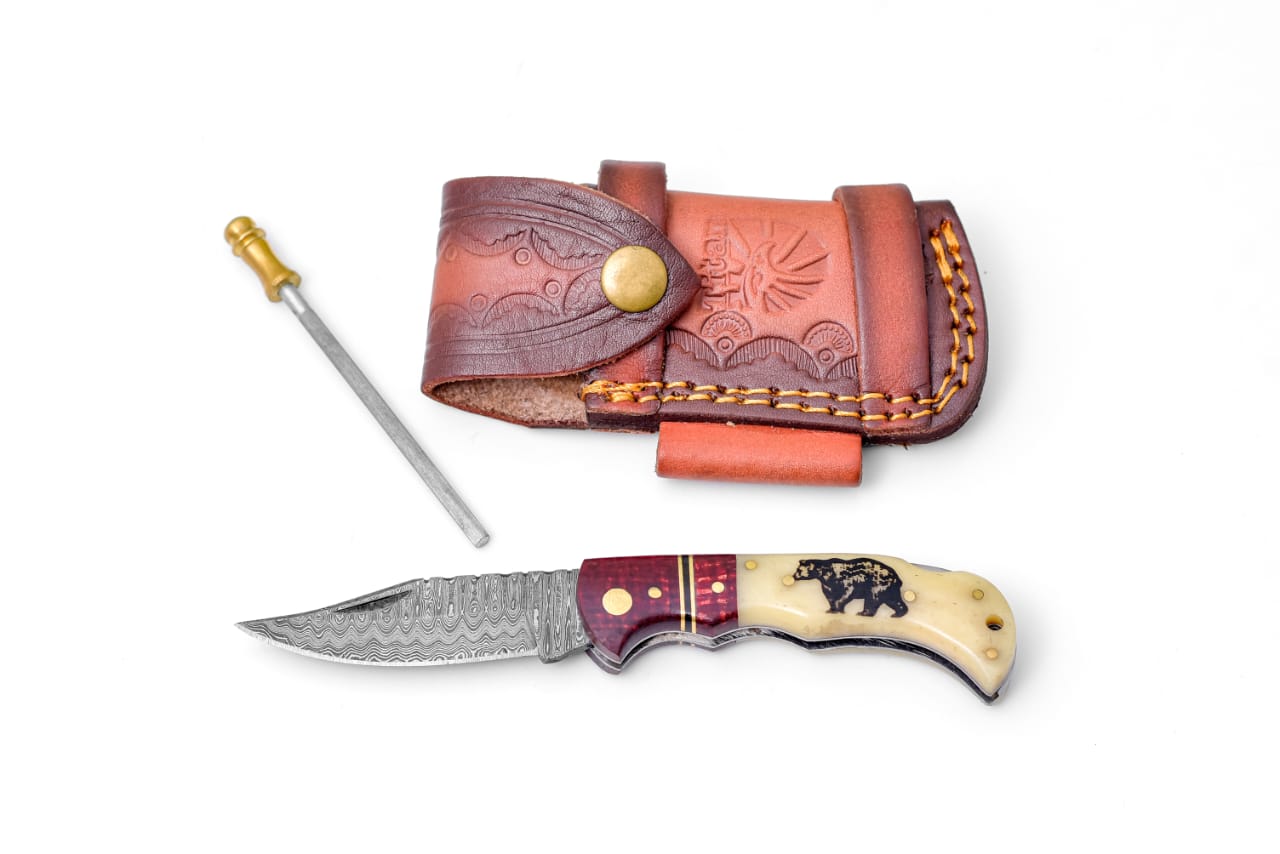 Bear Engraved Damascus Folding Knife with Leather Sheath - TK-412