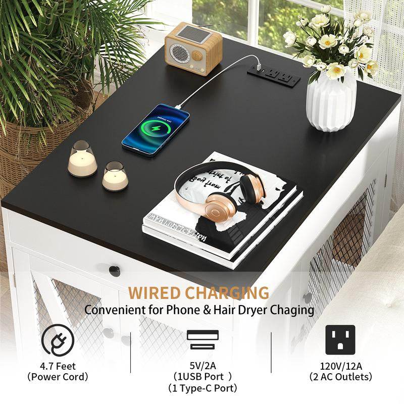 Furniture-Style Wooden Dog Crate End Table with USB Charging, Storage Drawer & Double Latch – For Medium Dogs up to 40 lbs