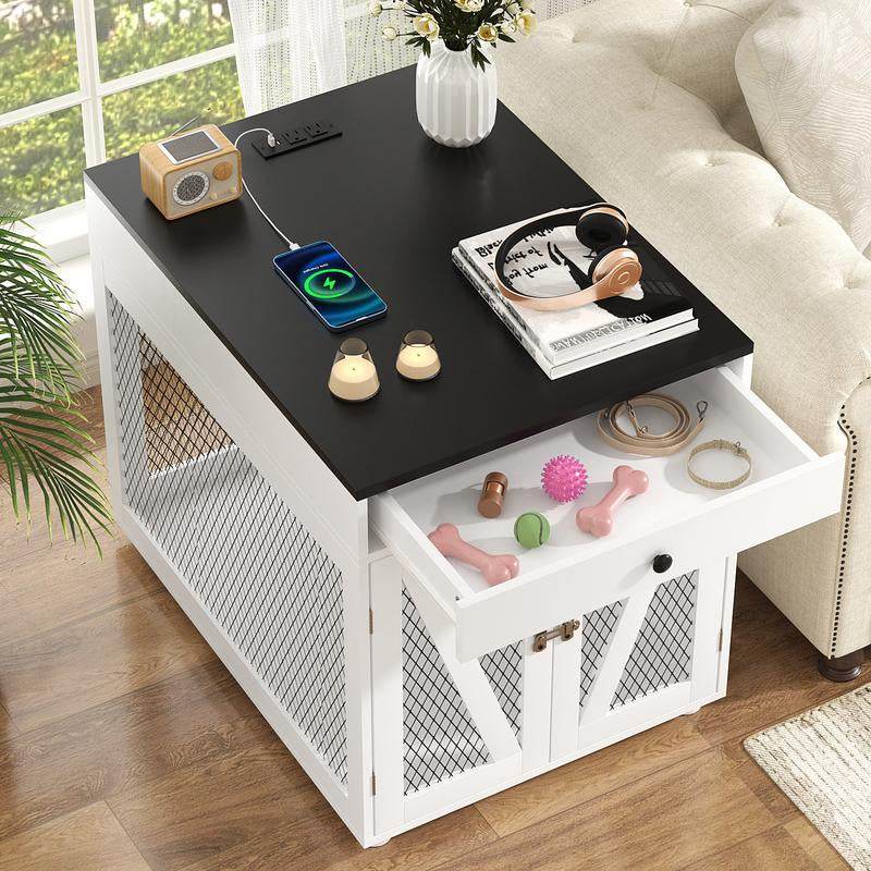 Furniture-Style Wooden Dog Crate End Table with USB Charging, Storage Drawer & Double Latch – For Medium Dogs up to 40 lbs
