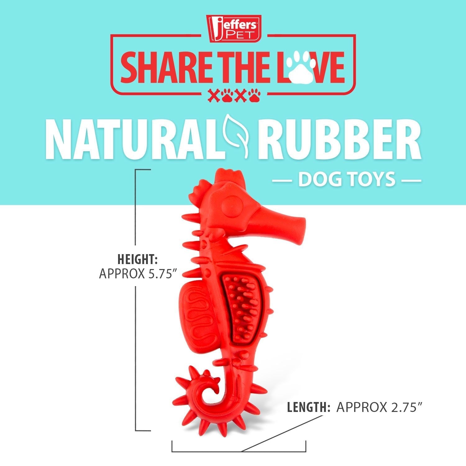 Jeffers Red Seahorse Natural Rubber Dog Chew Toy with Vanilla Scent and Textured Ridges for Dental Health