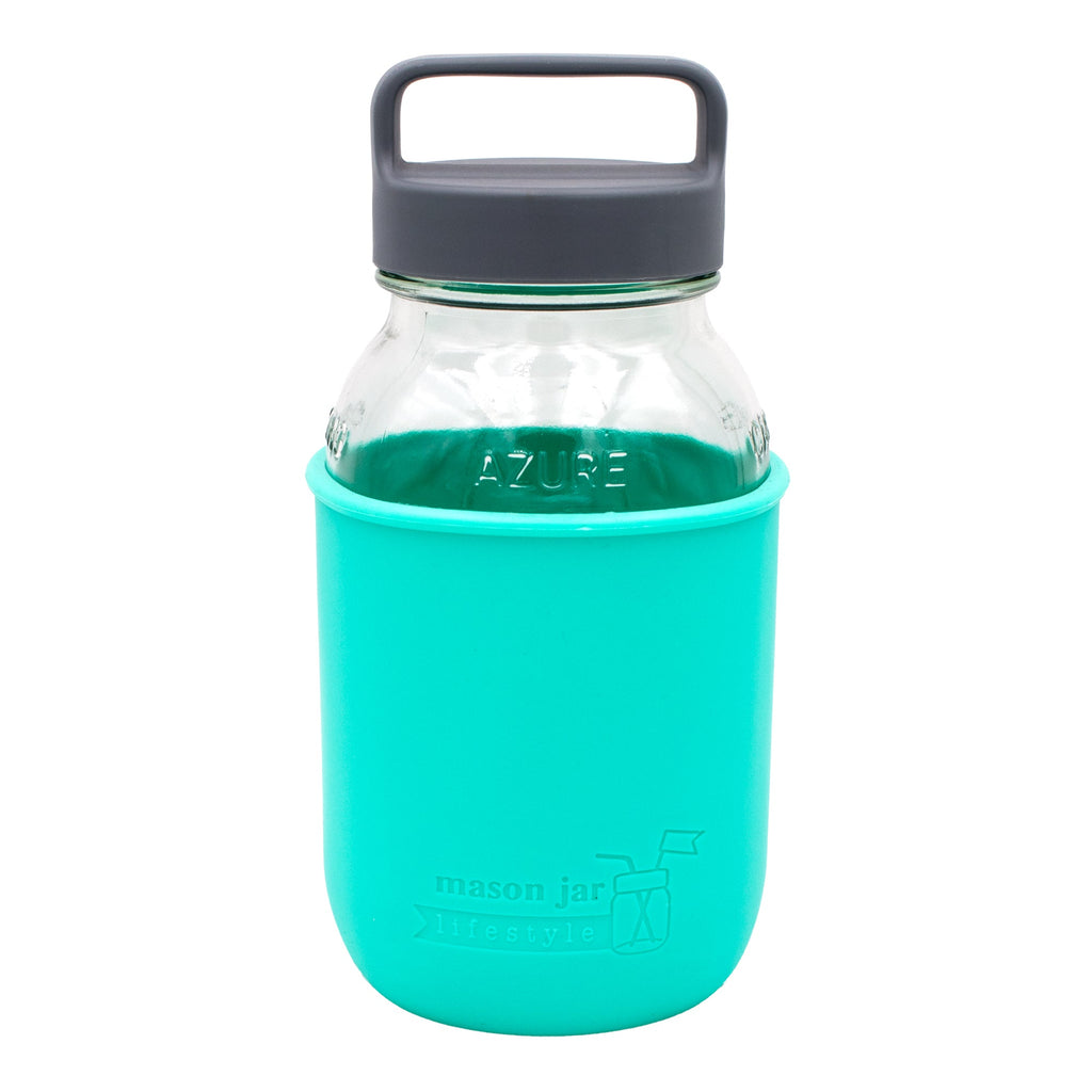 Mason Jar Lifestyle 32oz Quart Glass Water Bottle with Silicone Sleeve & Carry Handle