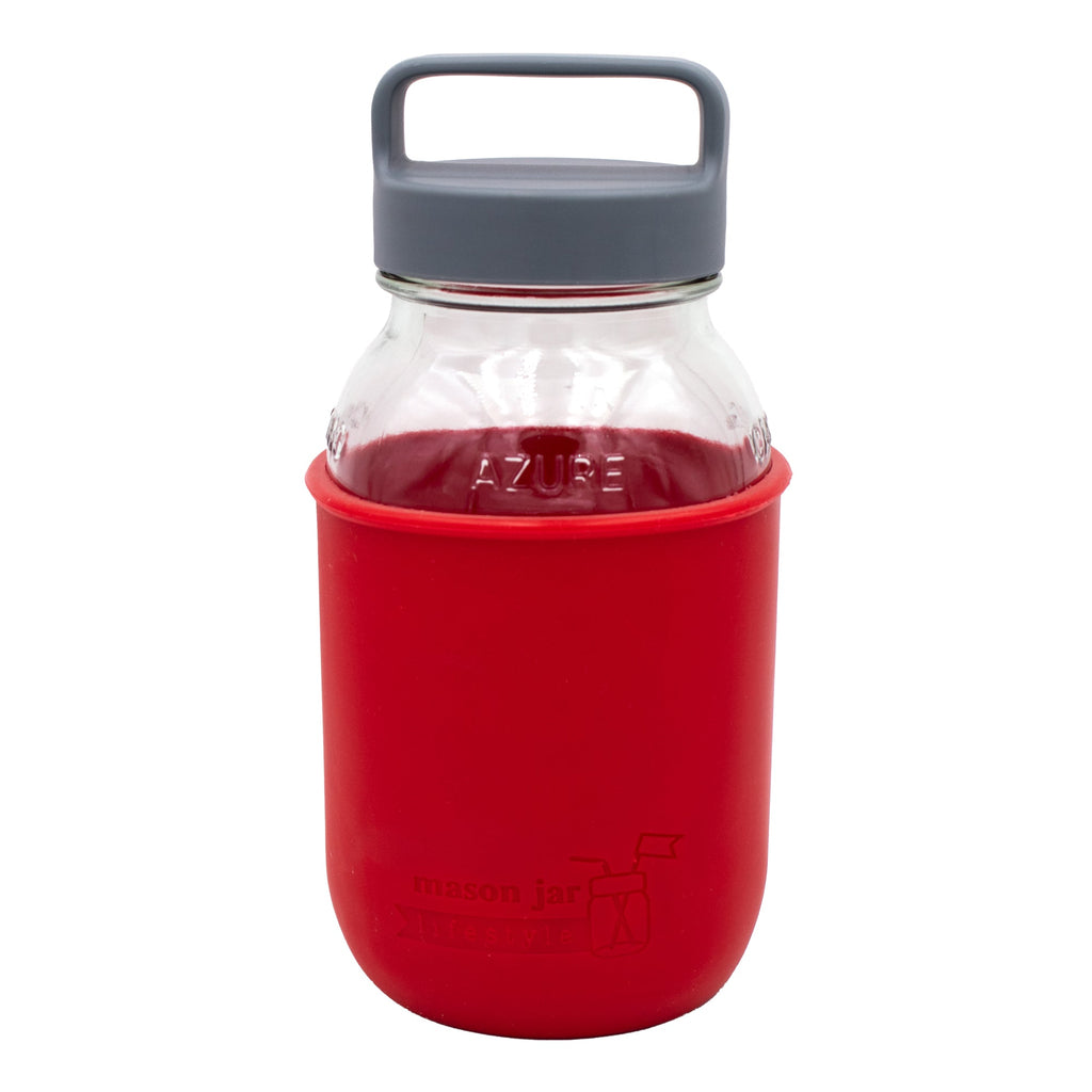 Mason Jar Lifestyle 32oz Quart Glass Water Bottle with Silicone Sleeve & Carry Handle