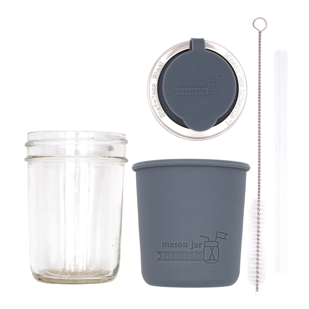 Mason Jar Lifestyle 8oz Half Pint Pop Up Sippy Glass Bottle Half Pint with Silicone Sleeve